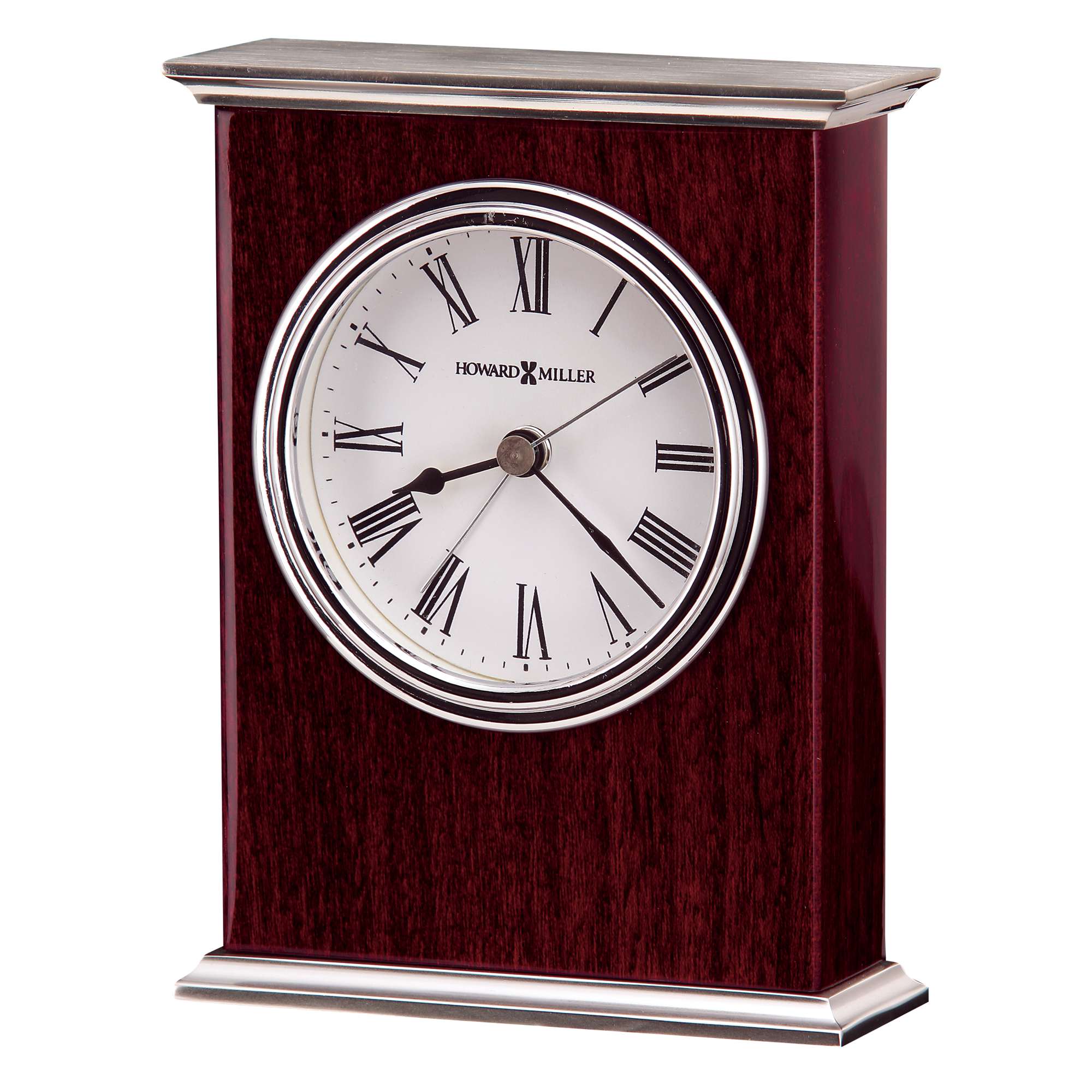 A traditional wooden desk clock with Roman numerals and silver accents.