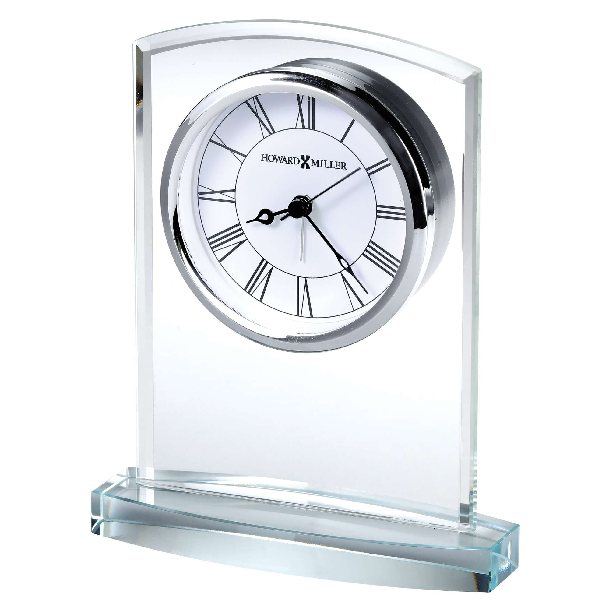A sleek, modern glass clock with Roman numerals and a polished silver frame.