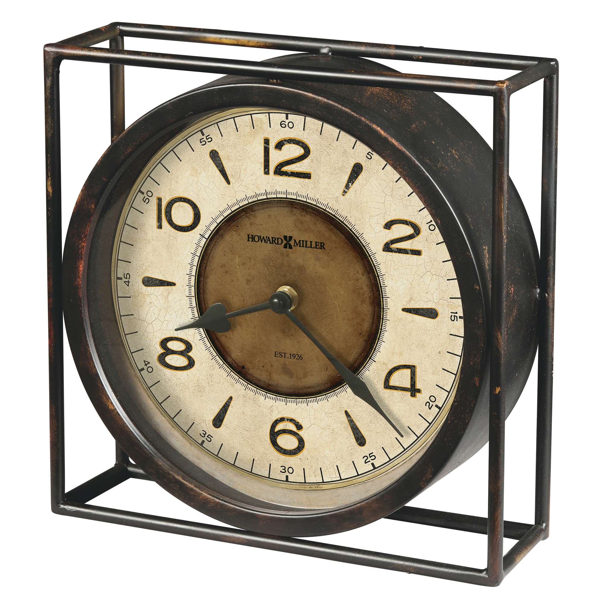 Vintage round wall clock in black frame with Roman numerals.