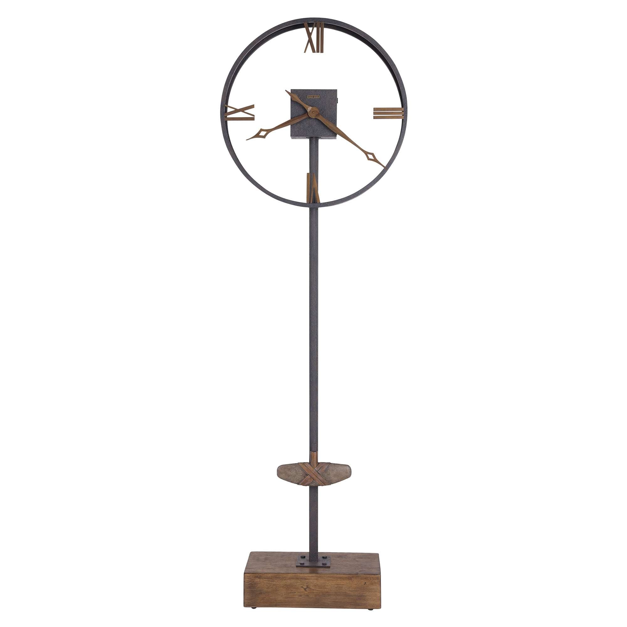 Modern standing clock with a circular frame and wooden base.