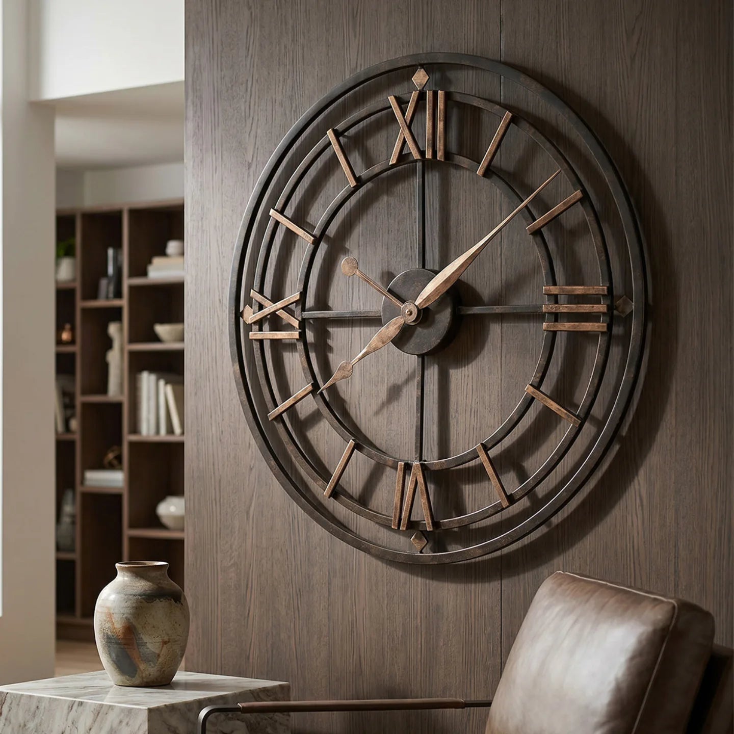 Howard Miller York Station Wall Clock, 21-inch, on the wall in a styled room