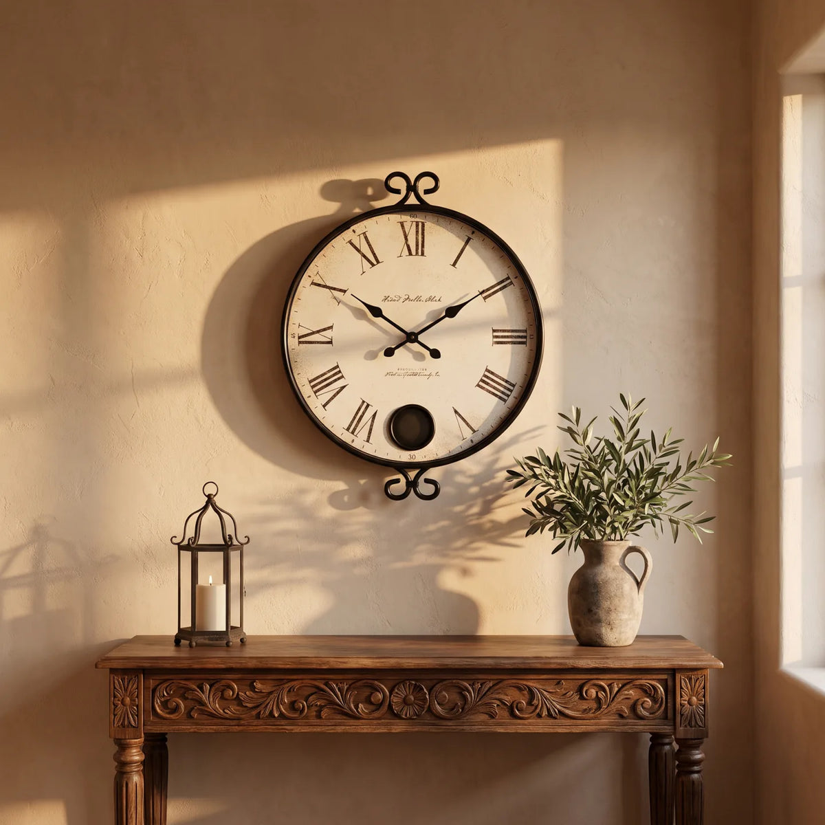 Howard Miller Magdalen Wall Clock, 33-inch, on the wall in a styled room