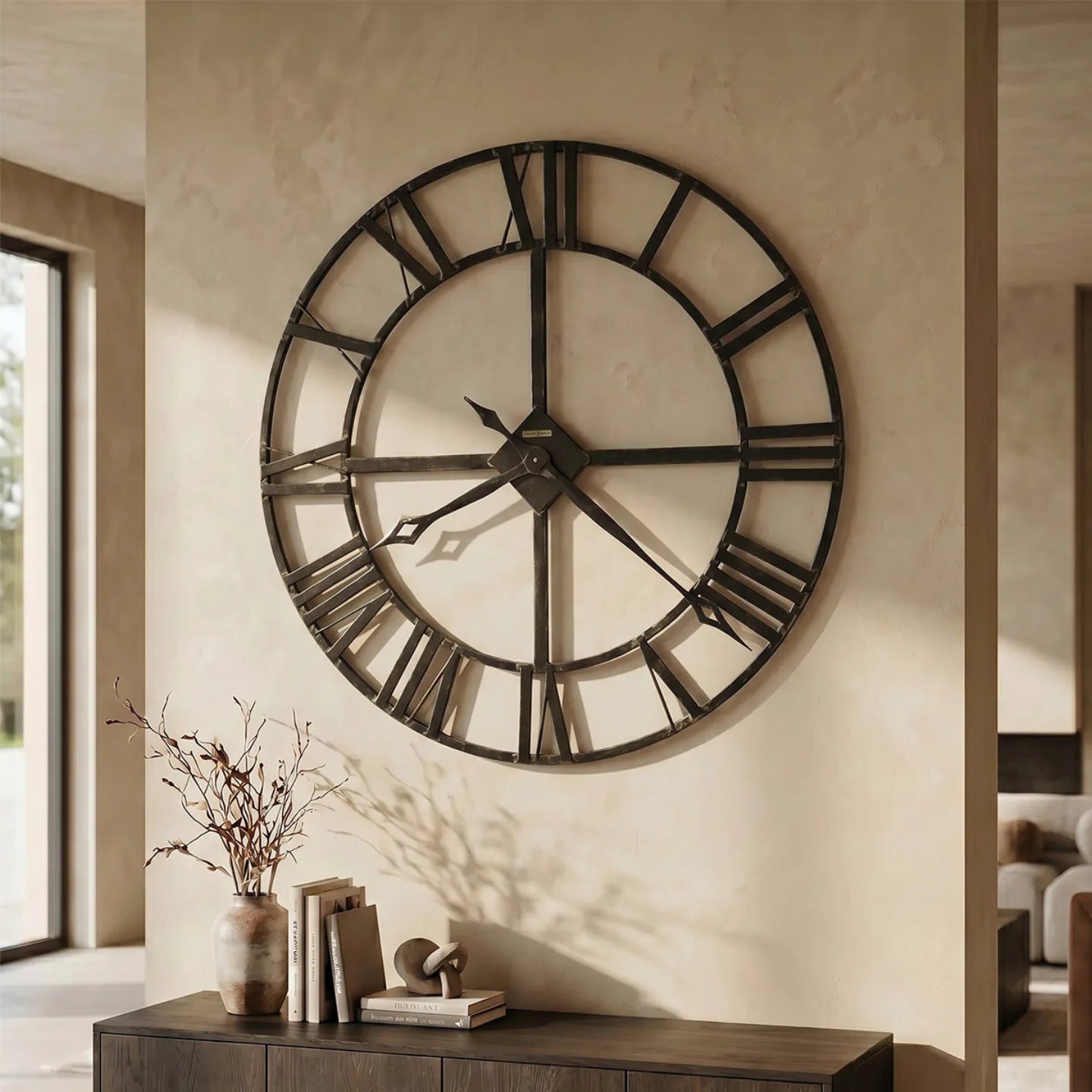 Howard Miller Lacy Wall Clock, 32-inch, on the wall in a styled room