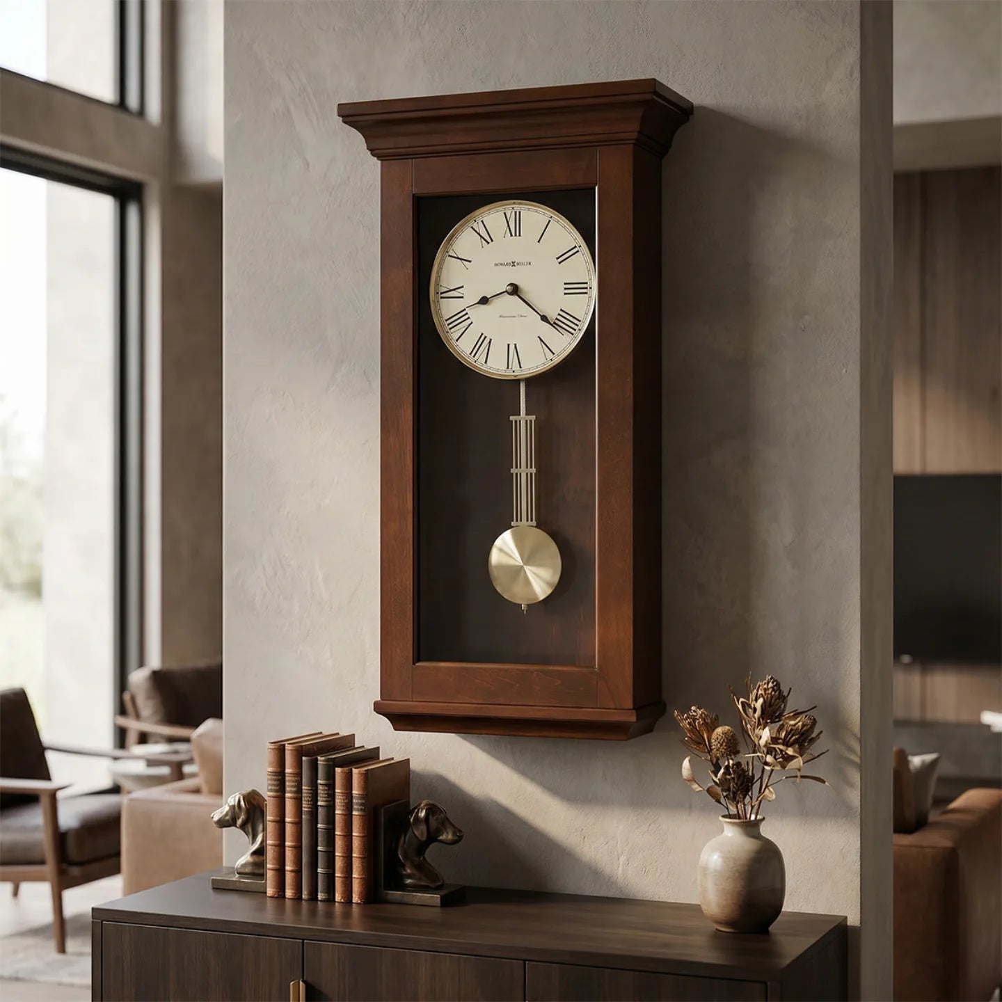 Howard Miller Continental Wall Clock, 24-inch, on the wall in a styled room