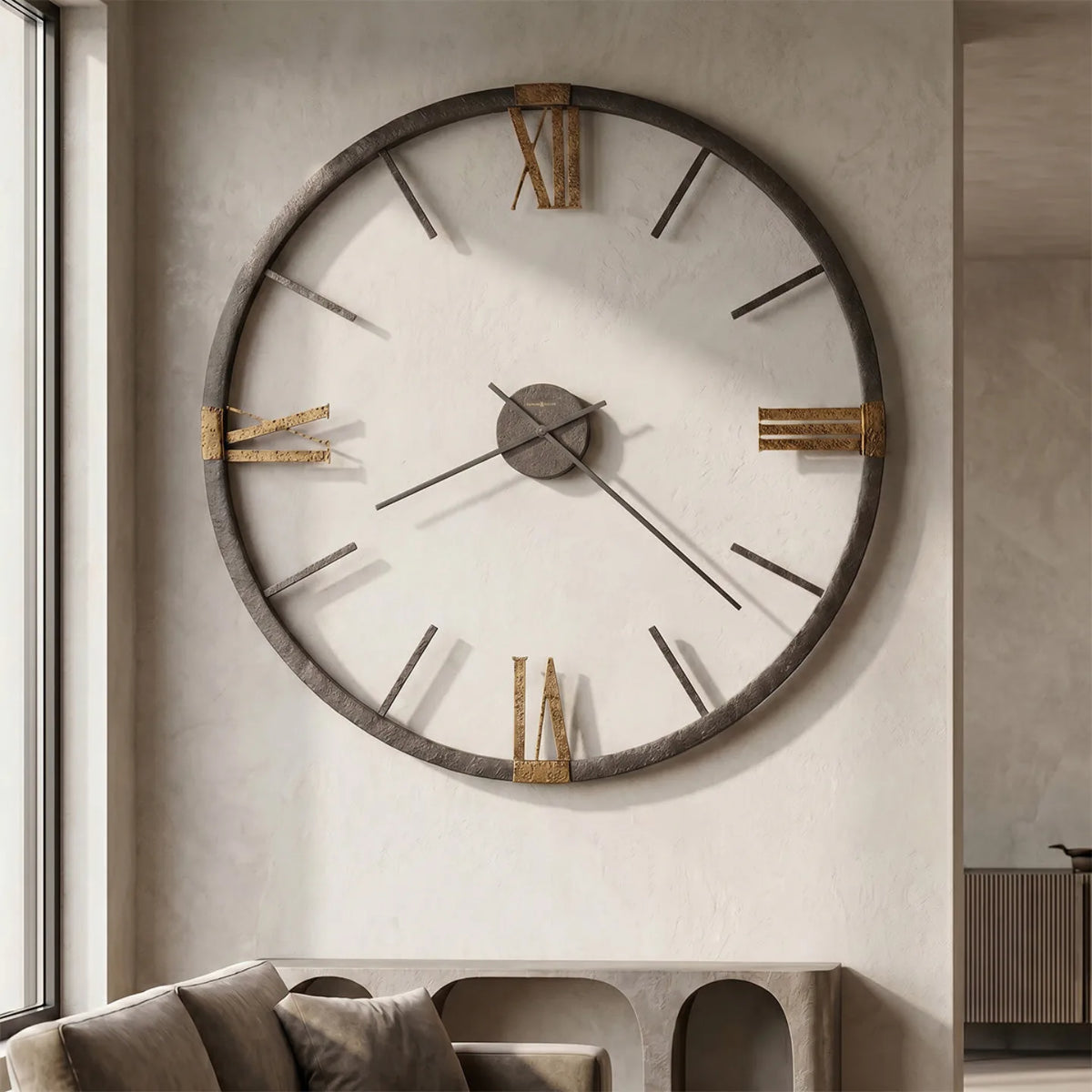Howard Miller Prospect Park Wall Clock, 60-inch, on the wall in a styled room