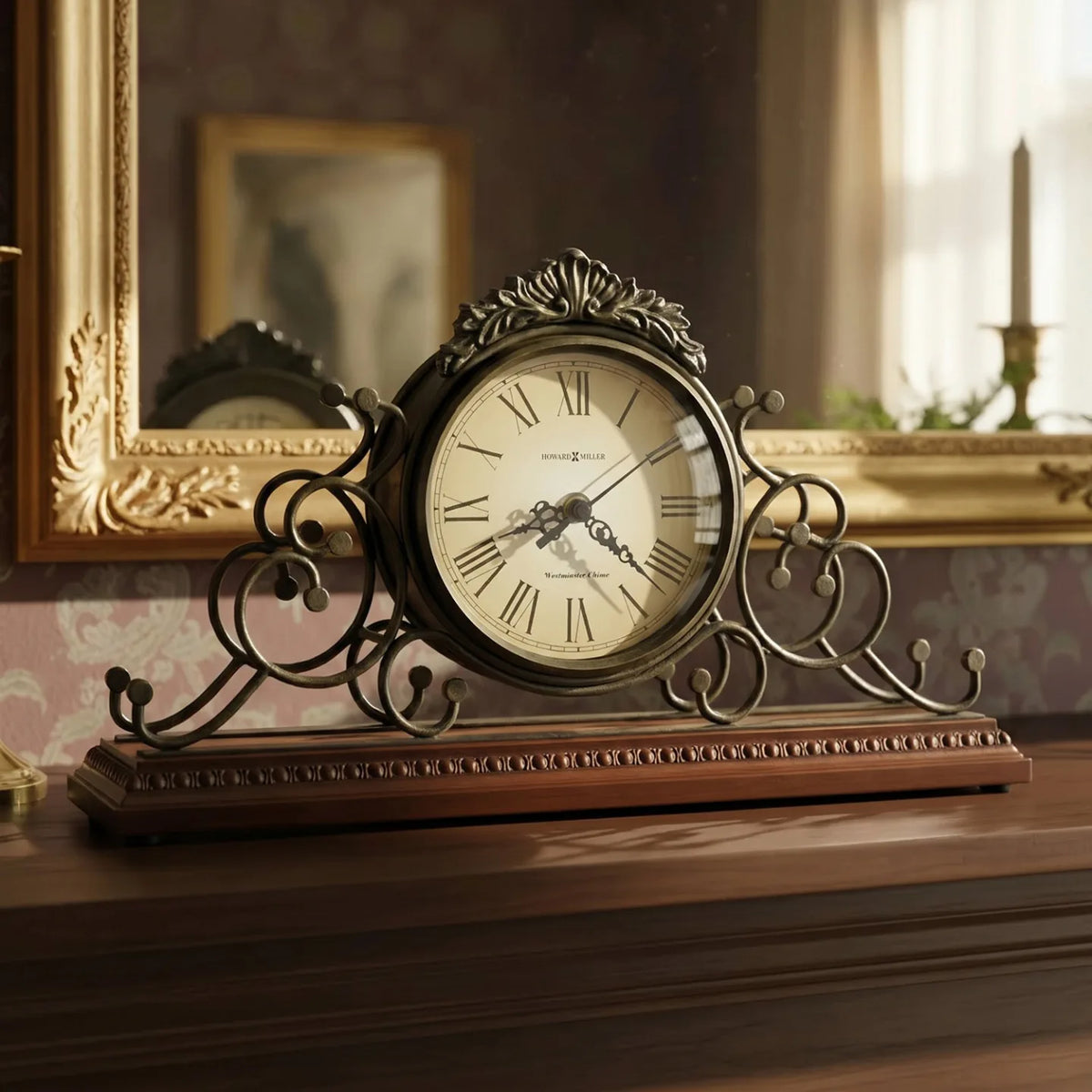 Howard Miller Adelaide Mantel Clock, 16-inch, on a mantel in a styled room