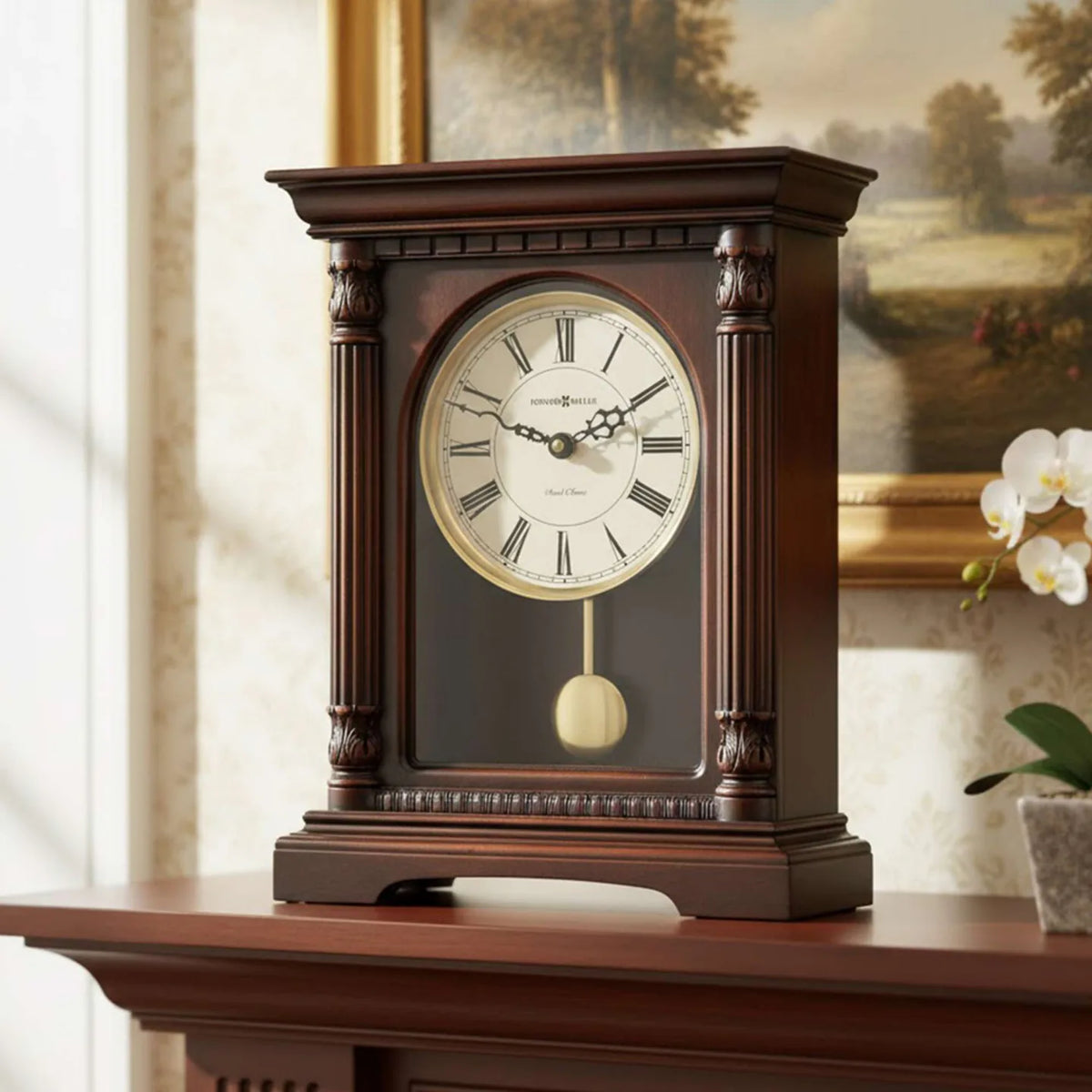 Howard Miller Langeland Mantel Clock, 14-inch, on a mantel in a styled room