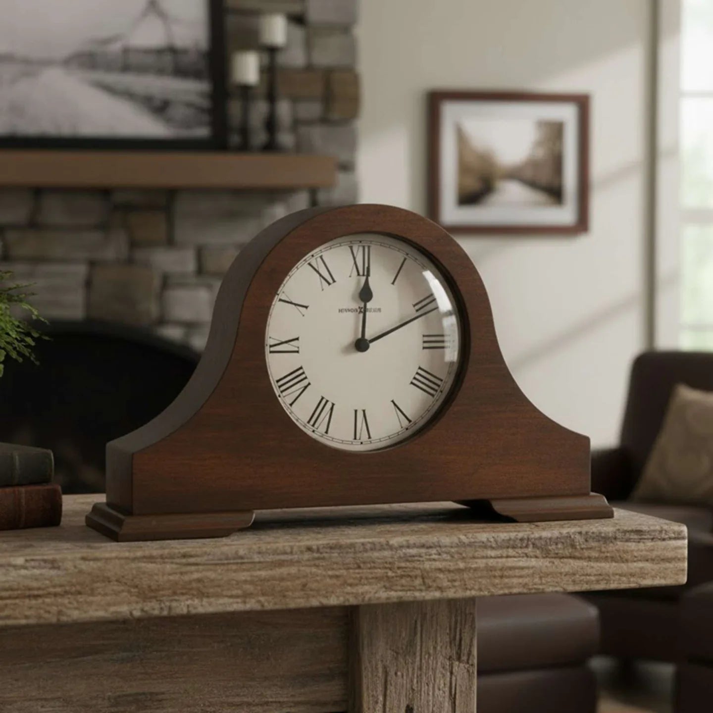 Howard Miller Humphrey Mantel Clock, 14-inch, on a mantel in a styled room