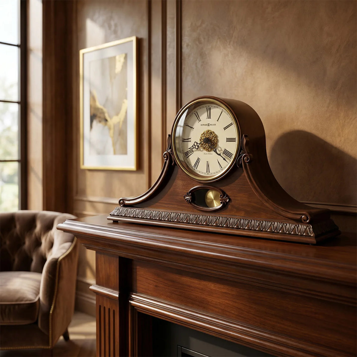 Howard Miller Andrea Mantel Clock, 18-inch, on a mantel in a styled room
