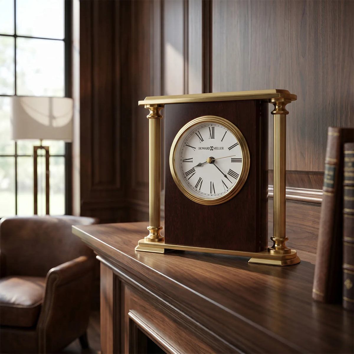 Howard Miller Rosewood Encore Bracket Tabletop Clock, 7-inch, on a shelf in a styled room