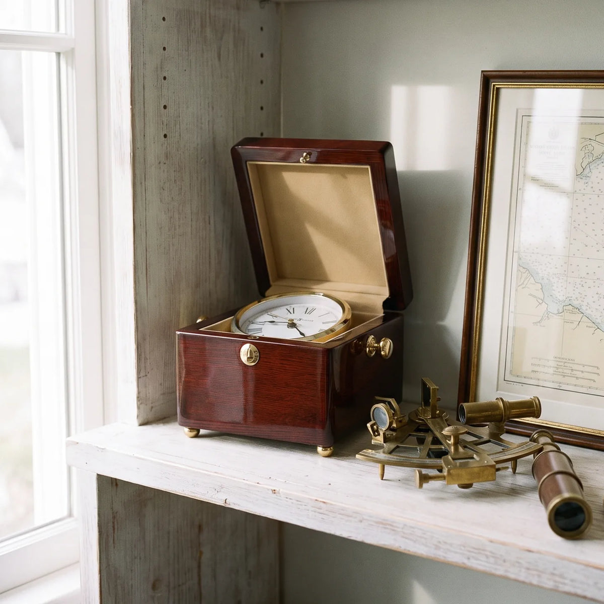 Howard Miller Bailey Tabletop Clock, 6-inch, on a shelf in a styled room