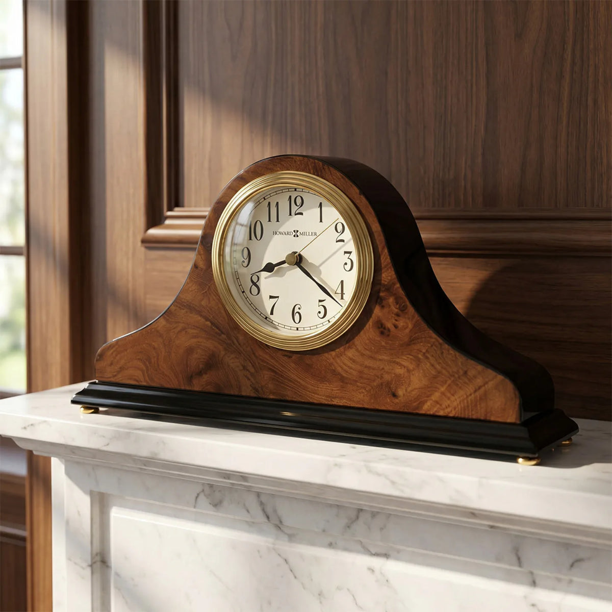 Howard Miller Baxter Tabletop Clock, 10-inch, on a shelf in a styled room