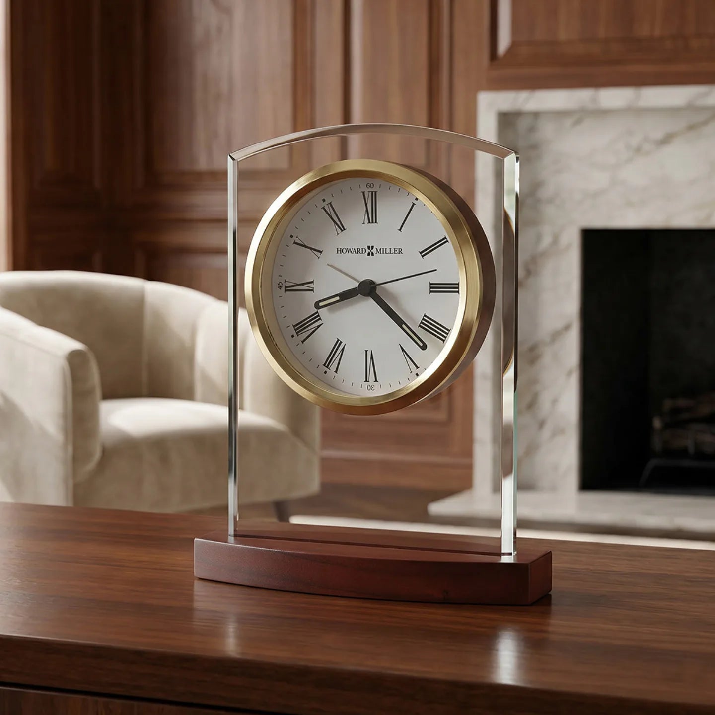 Howard Miller Marcus Tabletop Clock, 7-inch, on a shelf in a styled room