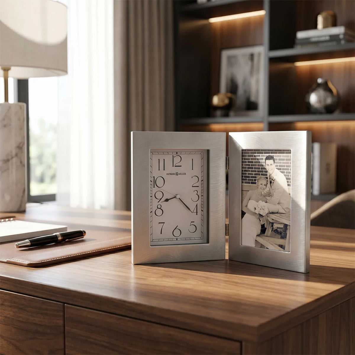 Howard Miller Lewiston Tabletop Clock, 11-inch, on a shelf in a styled room