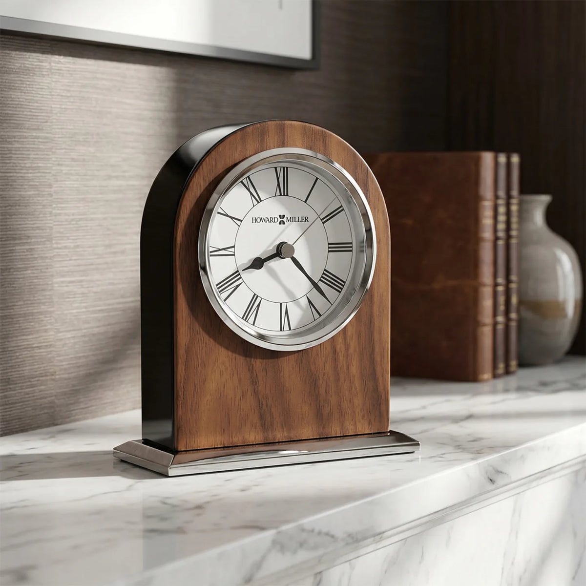 Howard Miller Palermo Tabletop Clock, 6-inch, on a shelf in a styled room