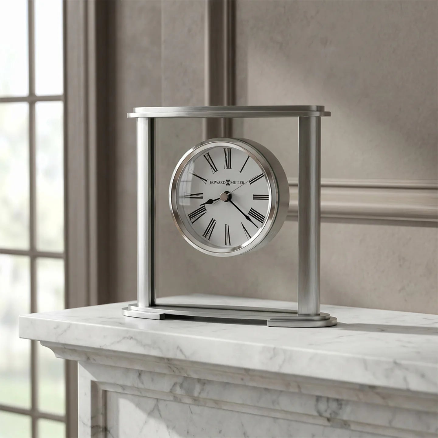 Howard Miller Glenmont Tabletop Clock, 7-inch, on a shelf in a styled room