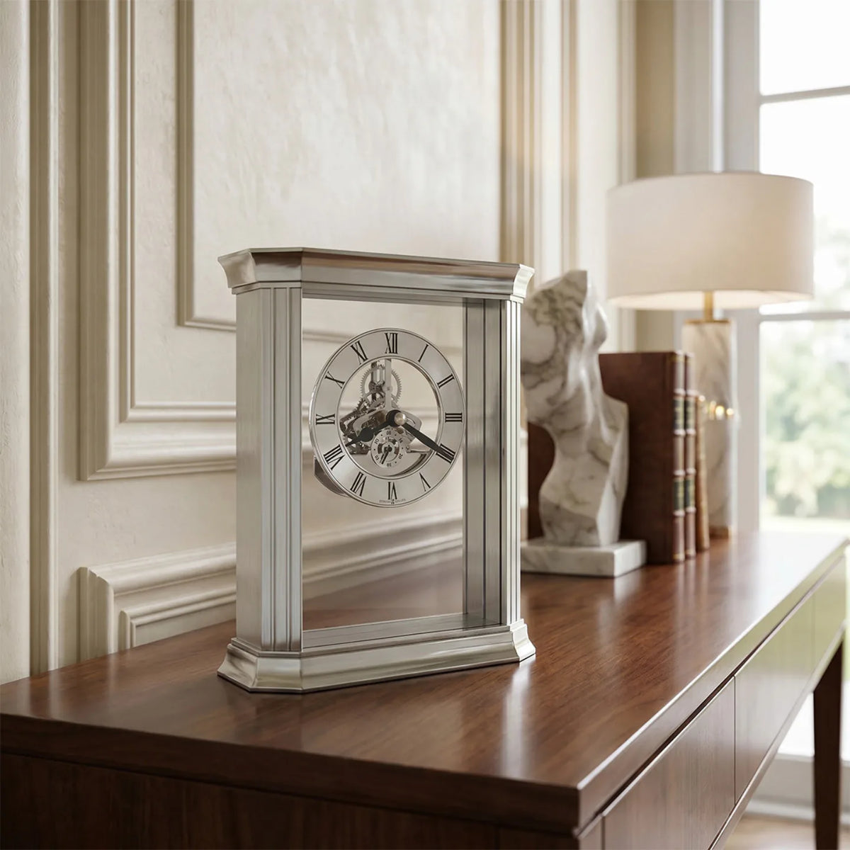 Howard Miller Rothbury Tabletop Clock, 8-inch, on a shelf in a styled room