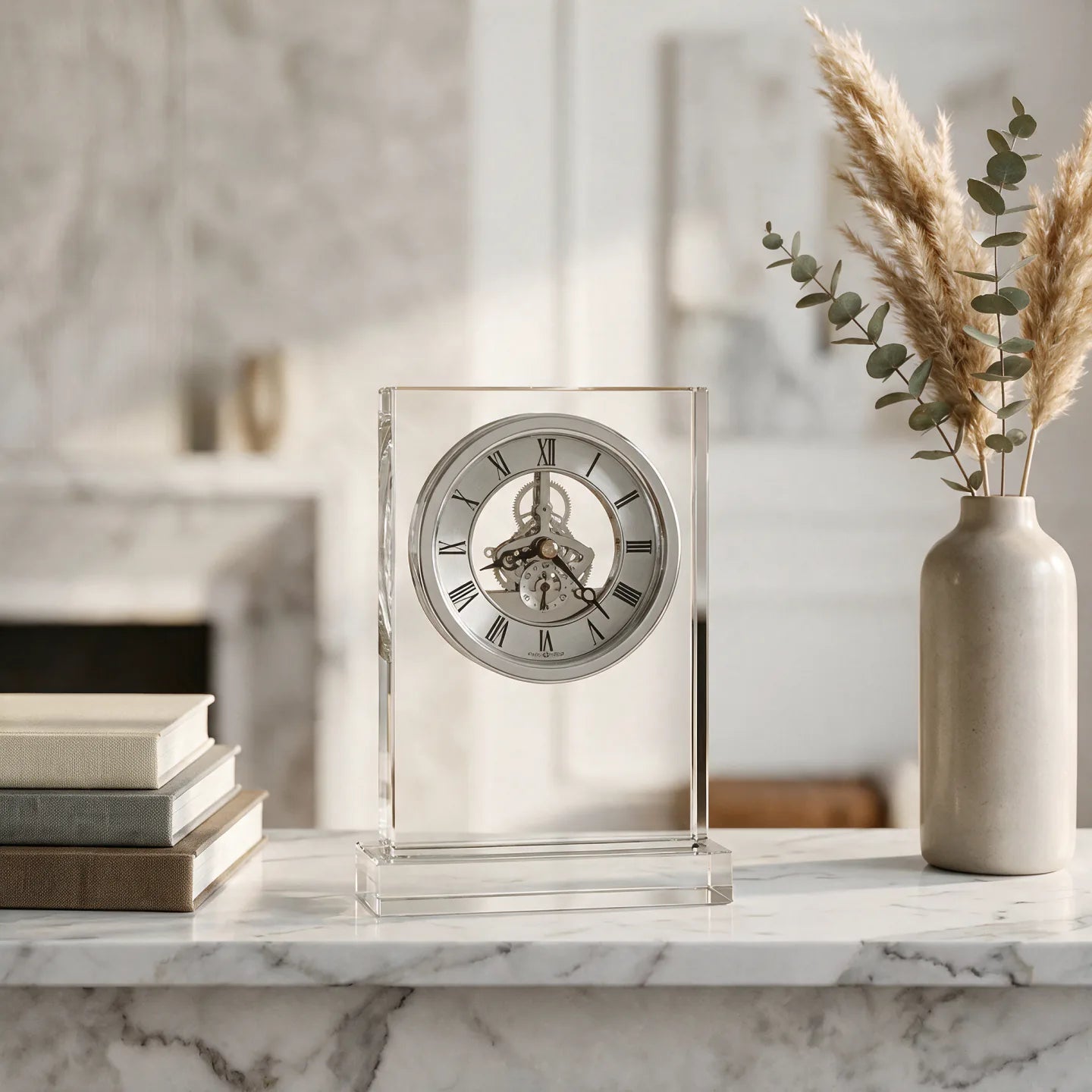 Howard Miller Brighton Tabletop Clock, 8-inch, on a shelf in a styled room