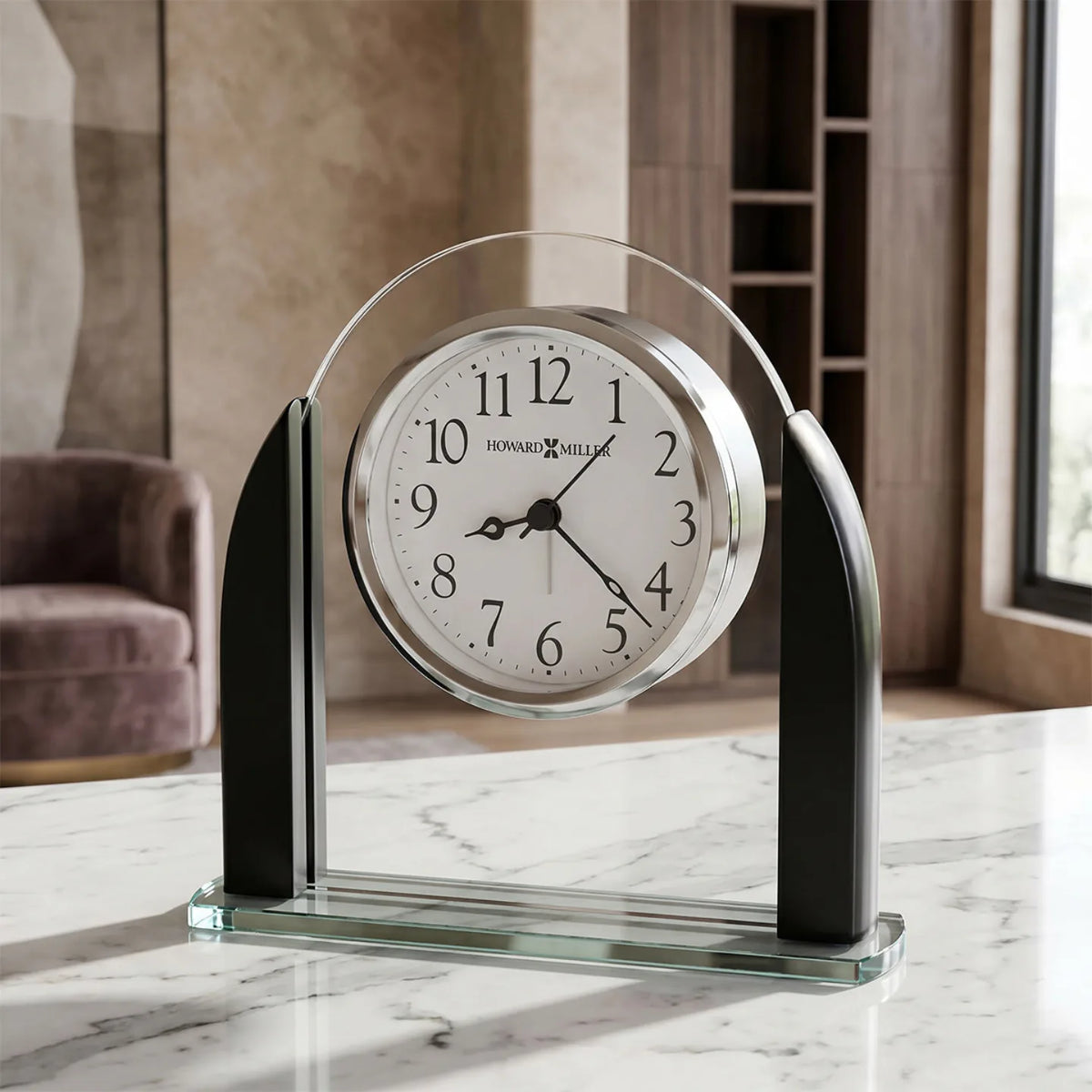Howard Miller Aden Tabletop Clock, 6-inch, on a shelf in a styled room