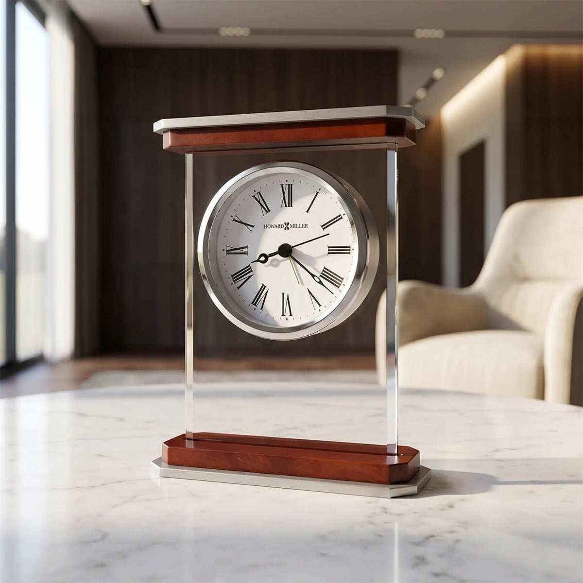 Howard Miller Mayfield Tabletop Clock, 7-inch, on a shelf in a styled room
