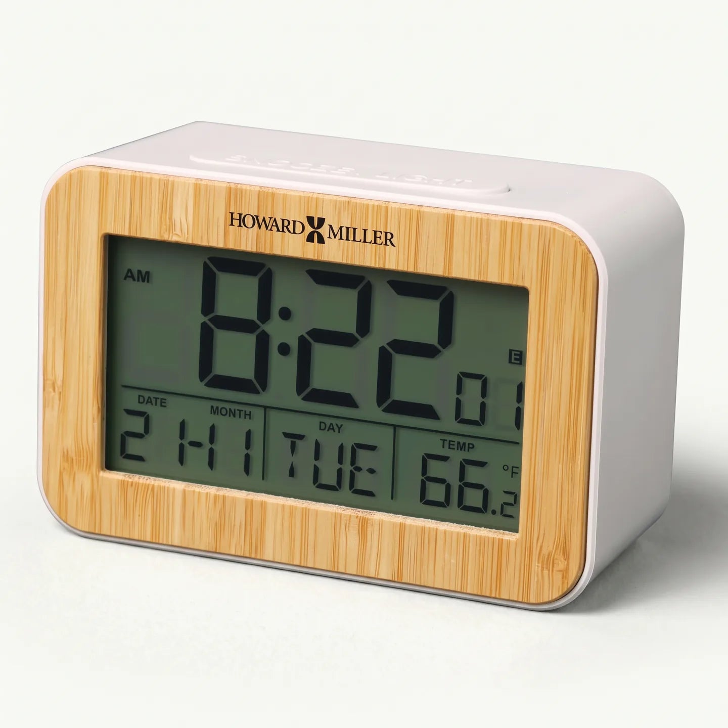 Howard Miller Bamboo Box Alarm Clock, 4-inch, front view on a plain white background