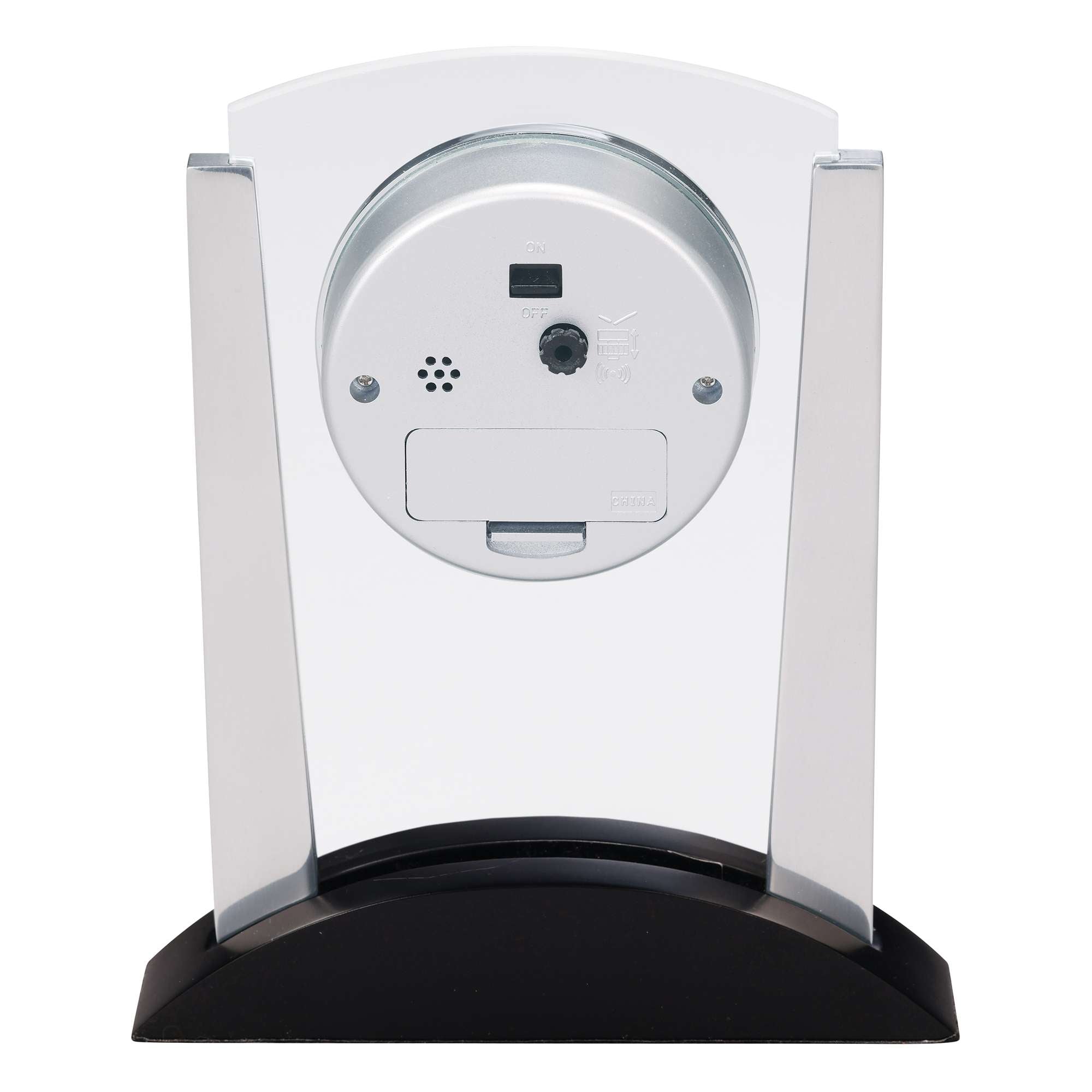 A back view of a modern digital clock with a sleek design, featuring buttons and a display panel.