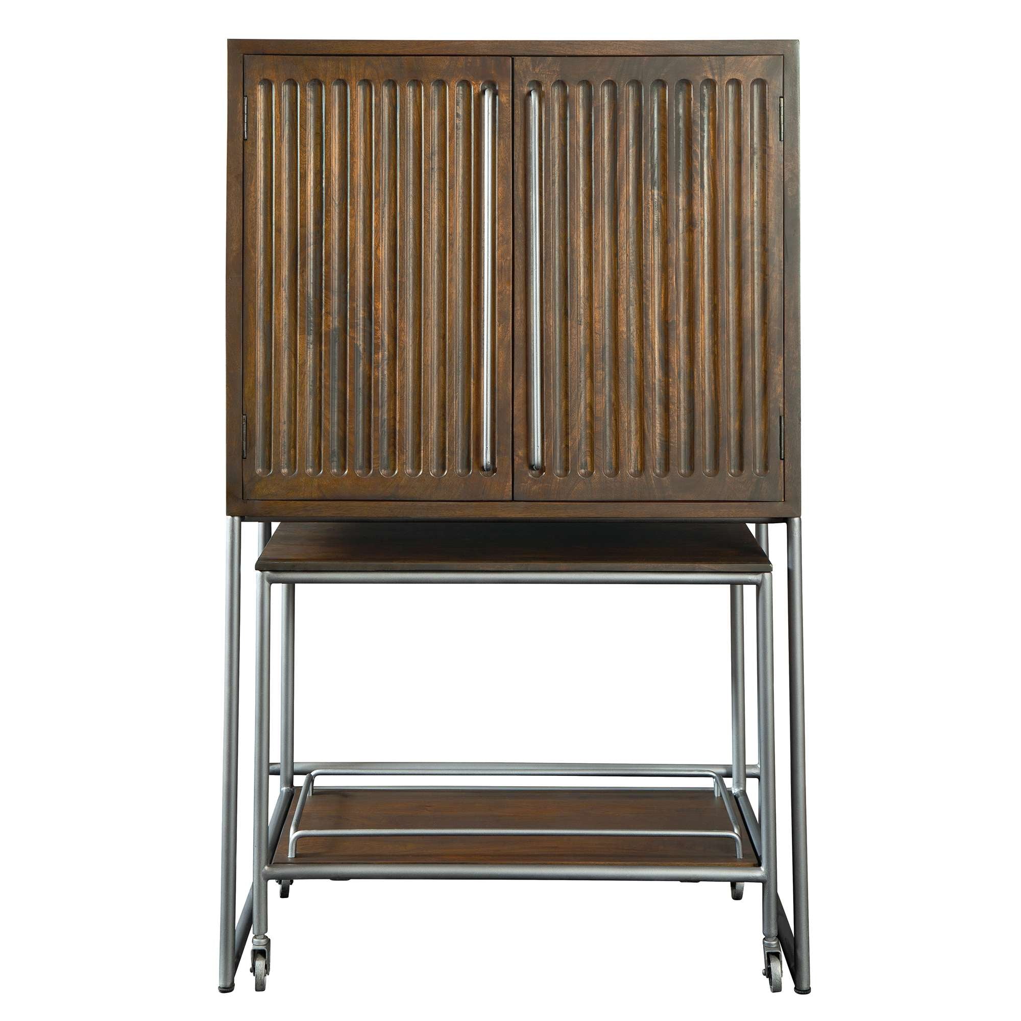 Wooden cabinet with slatted doors on a metal frame