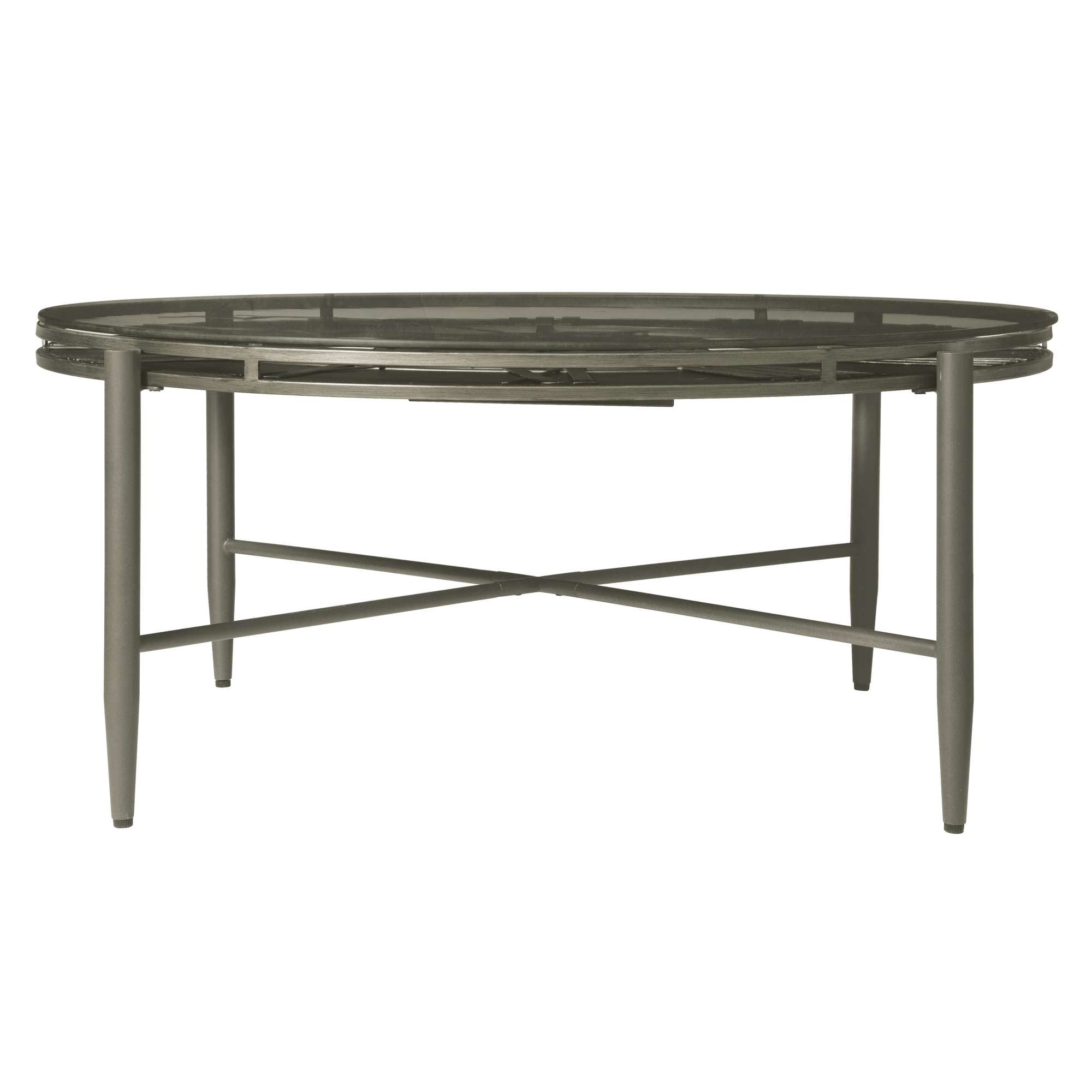Round glass-top coffee table with a metal frame and cross-support legs.