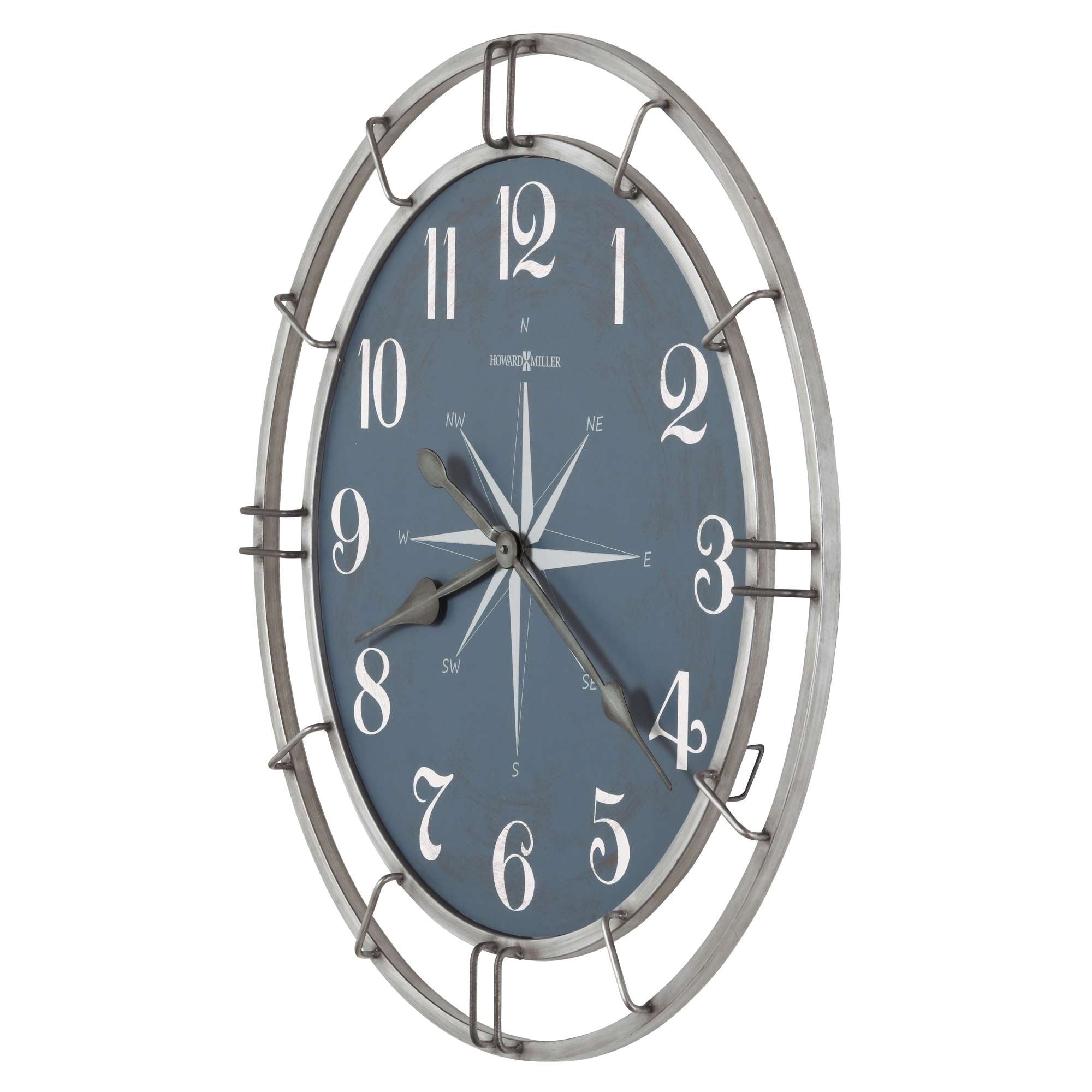 Oval wall clock with a blue face and silver frame