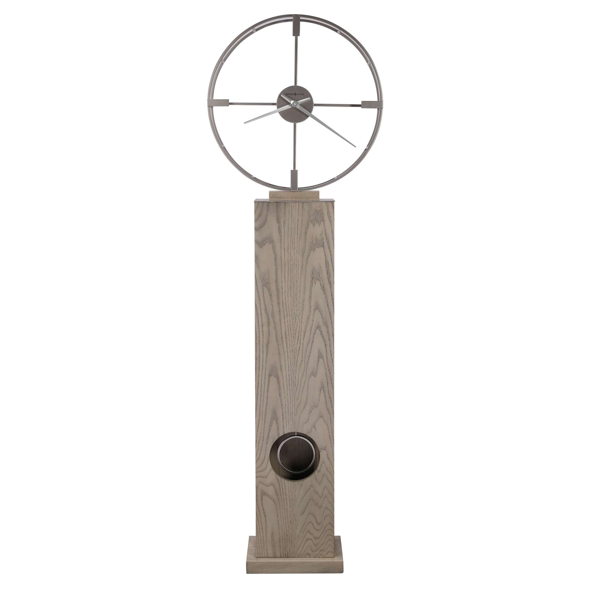 A modern decorative stand with a circular frame atop a wooden column.