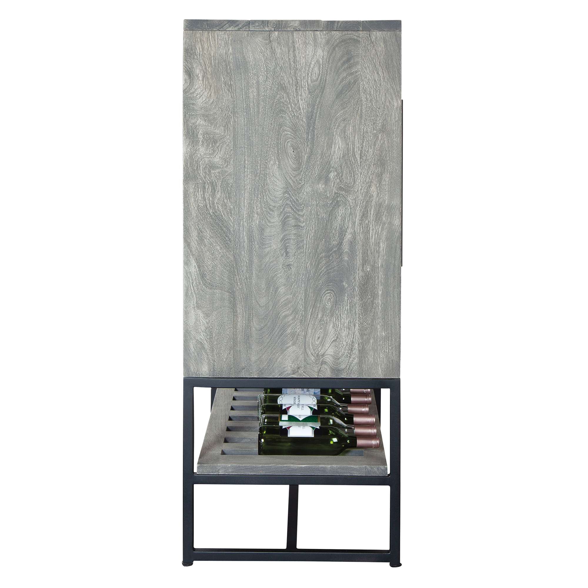 Modern wine cabinet with a gray wooden exterior and visible wine bottles on a metal rack.