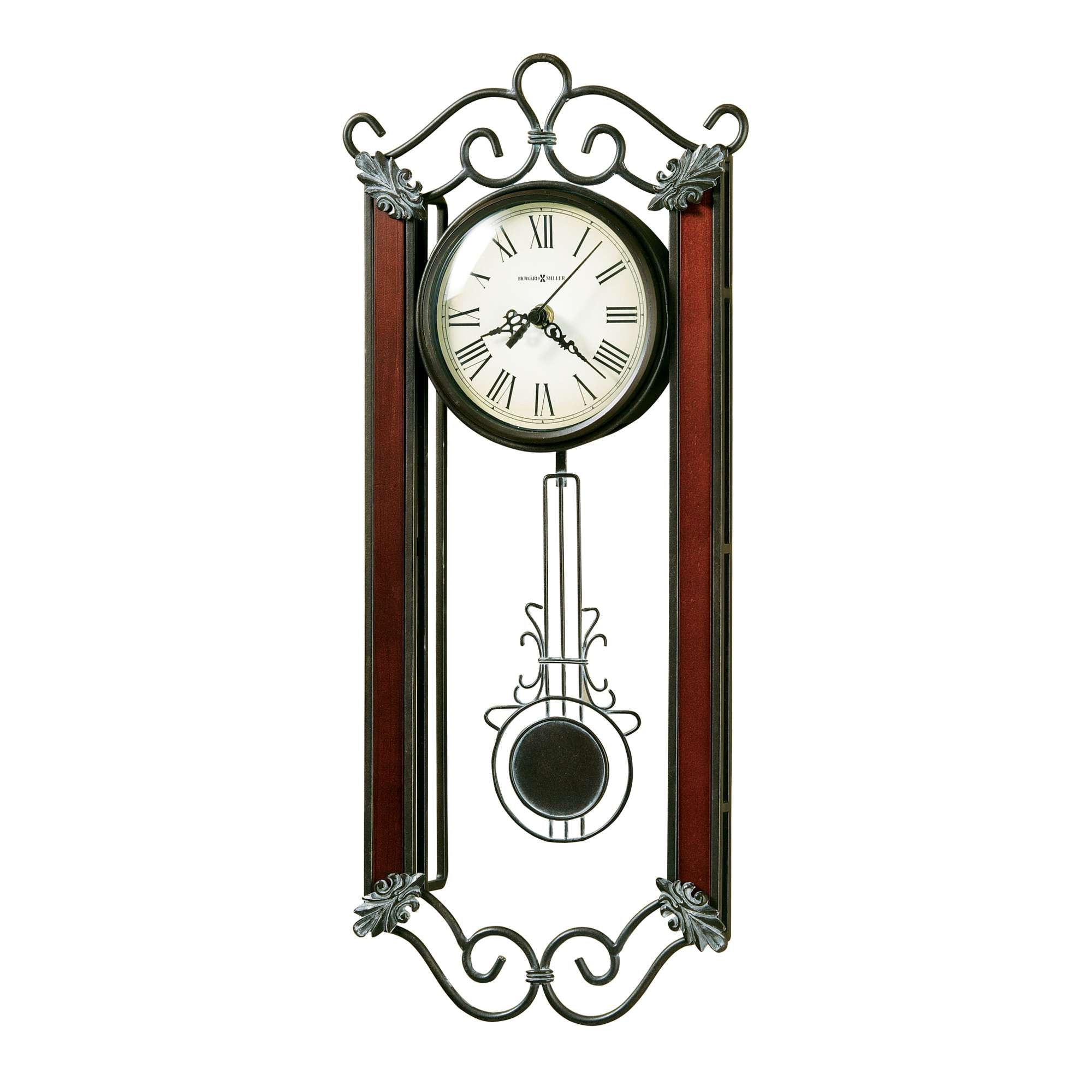 Elegant wall clock with a pendulum and decorative elements.