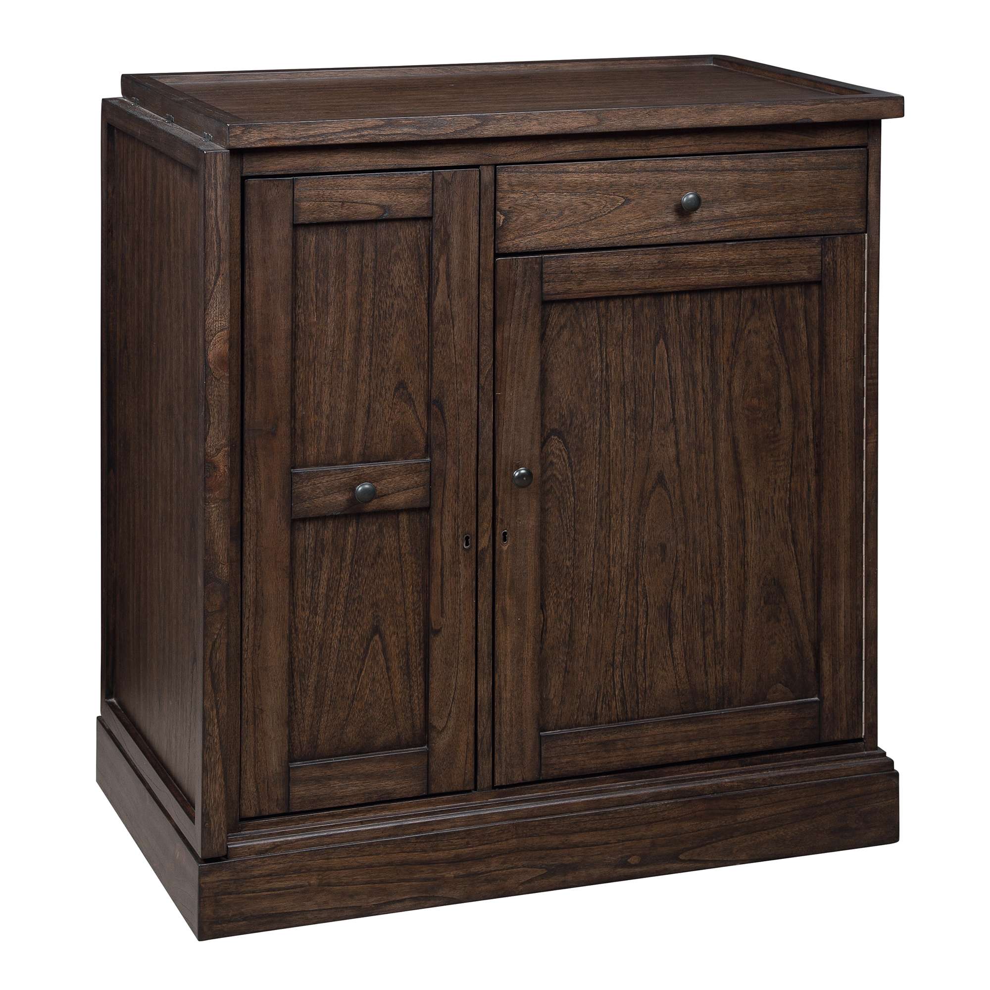 A wooden storage cabinet with one drawer and two doors, featuring a dark finish.