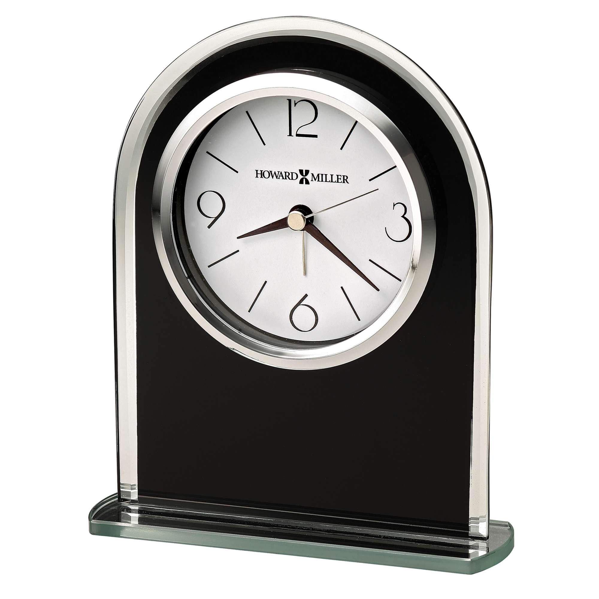 A modern arch-shaped desktop clock with a black base and silver accents.