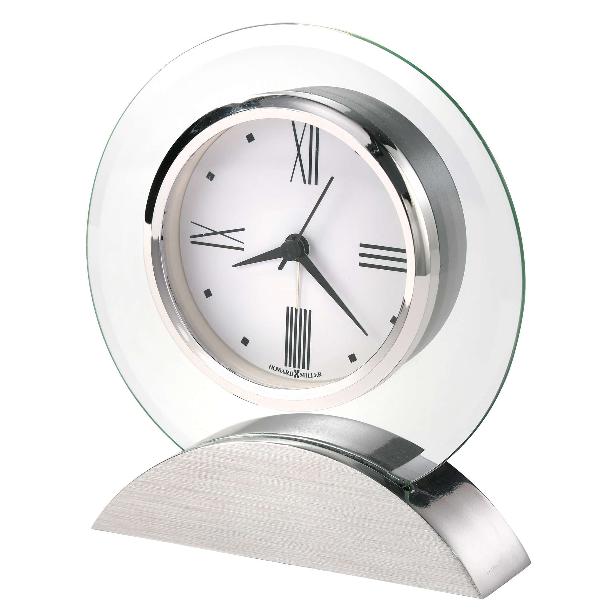 Modern silver and glass desk clock with Roman numerals