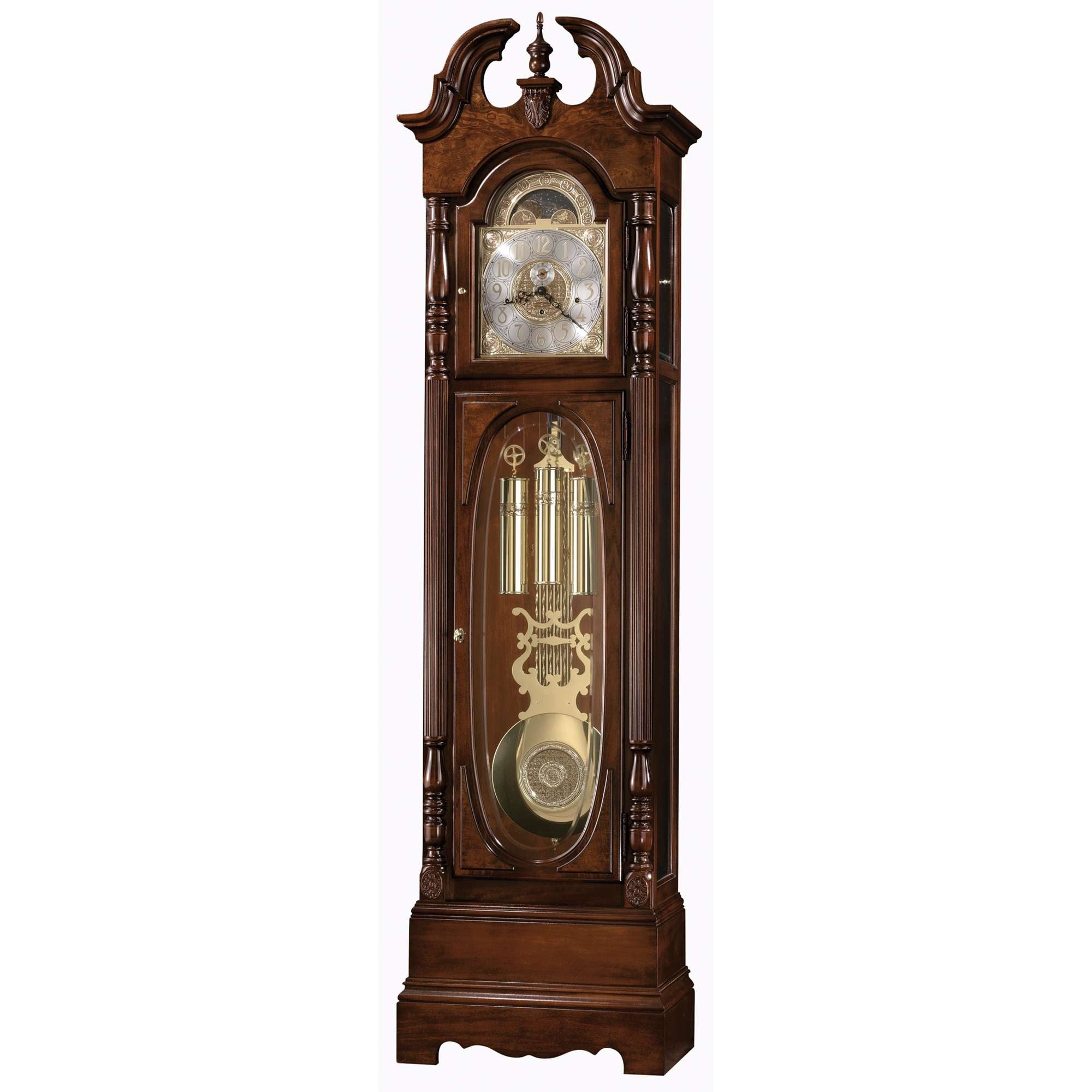 Antique wooden grandfather clock with ornate design