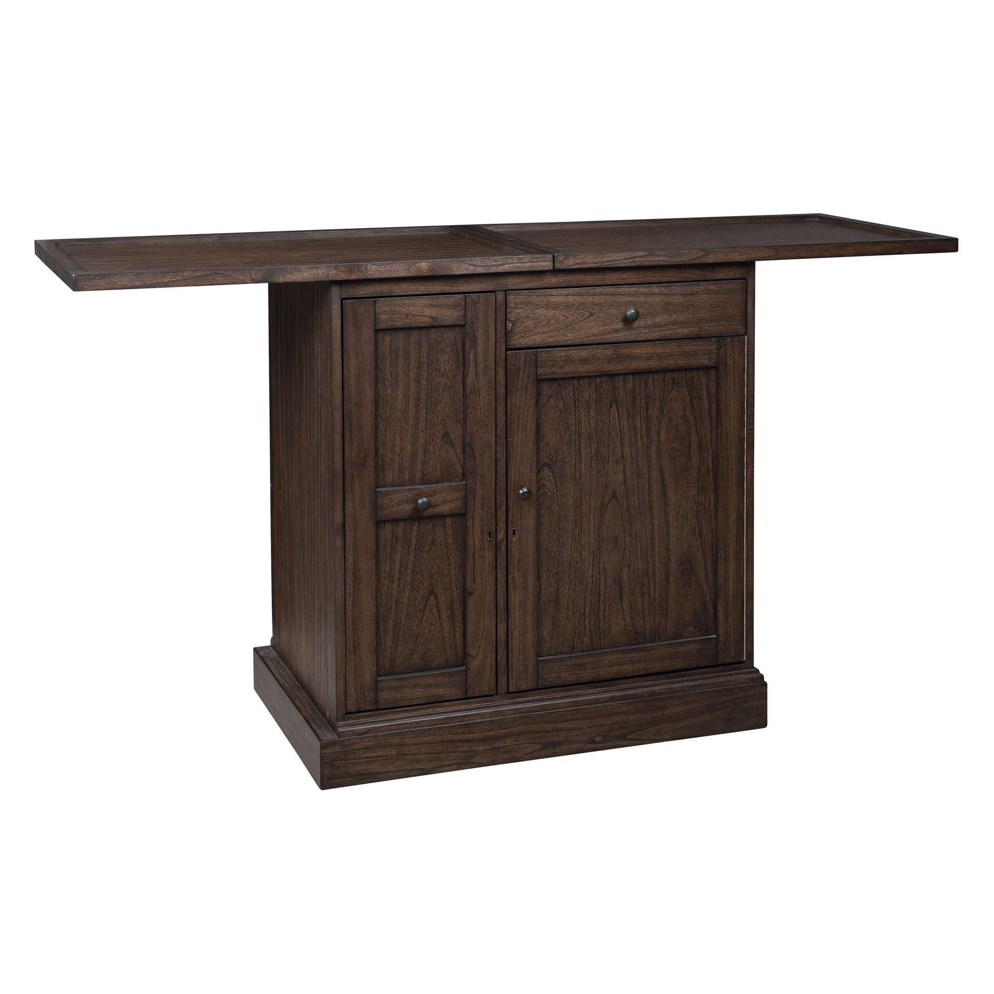 Wooden console table with two cabinets and a drop-leaf top.