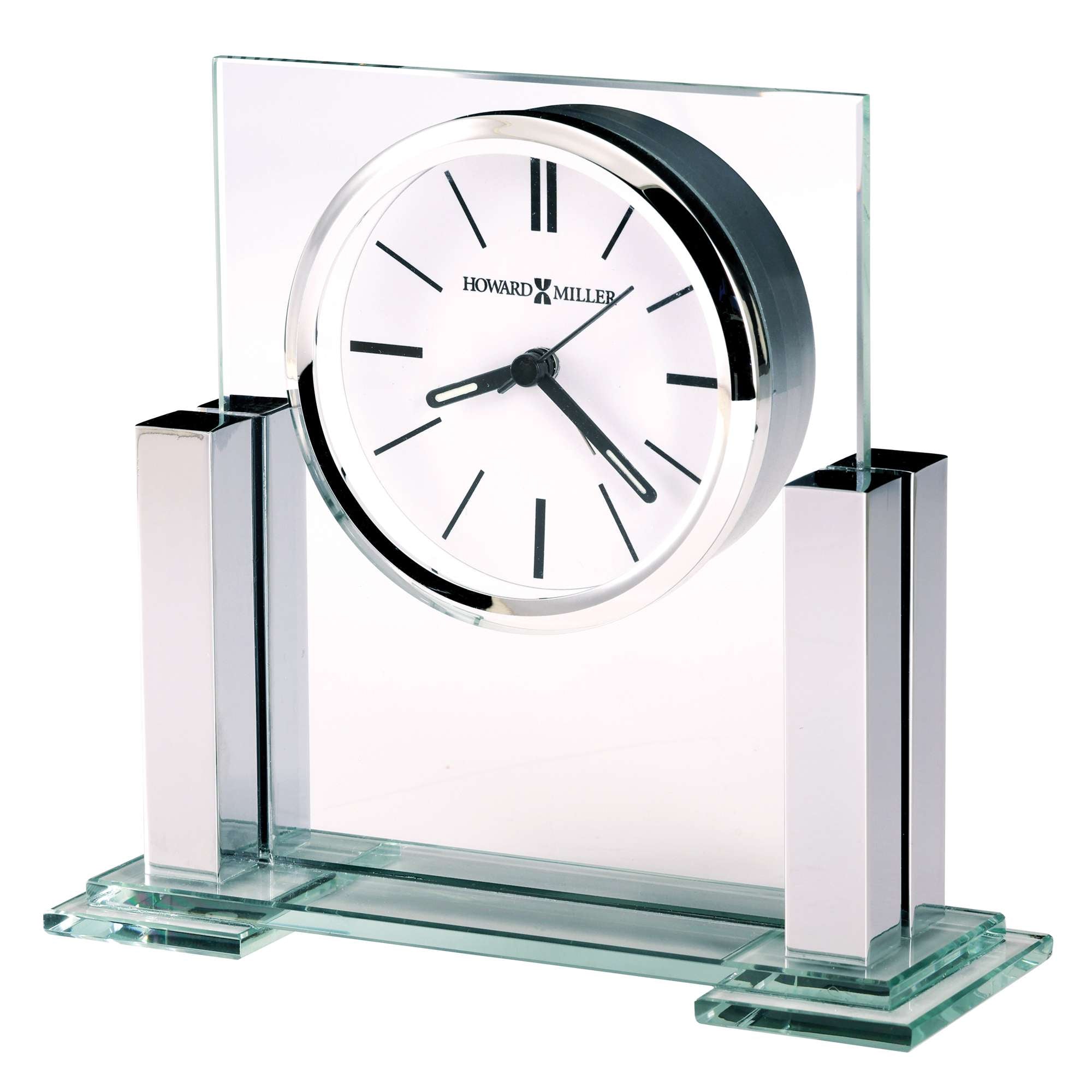 Modern desk clock with a glass and metal design.