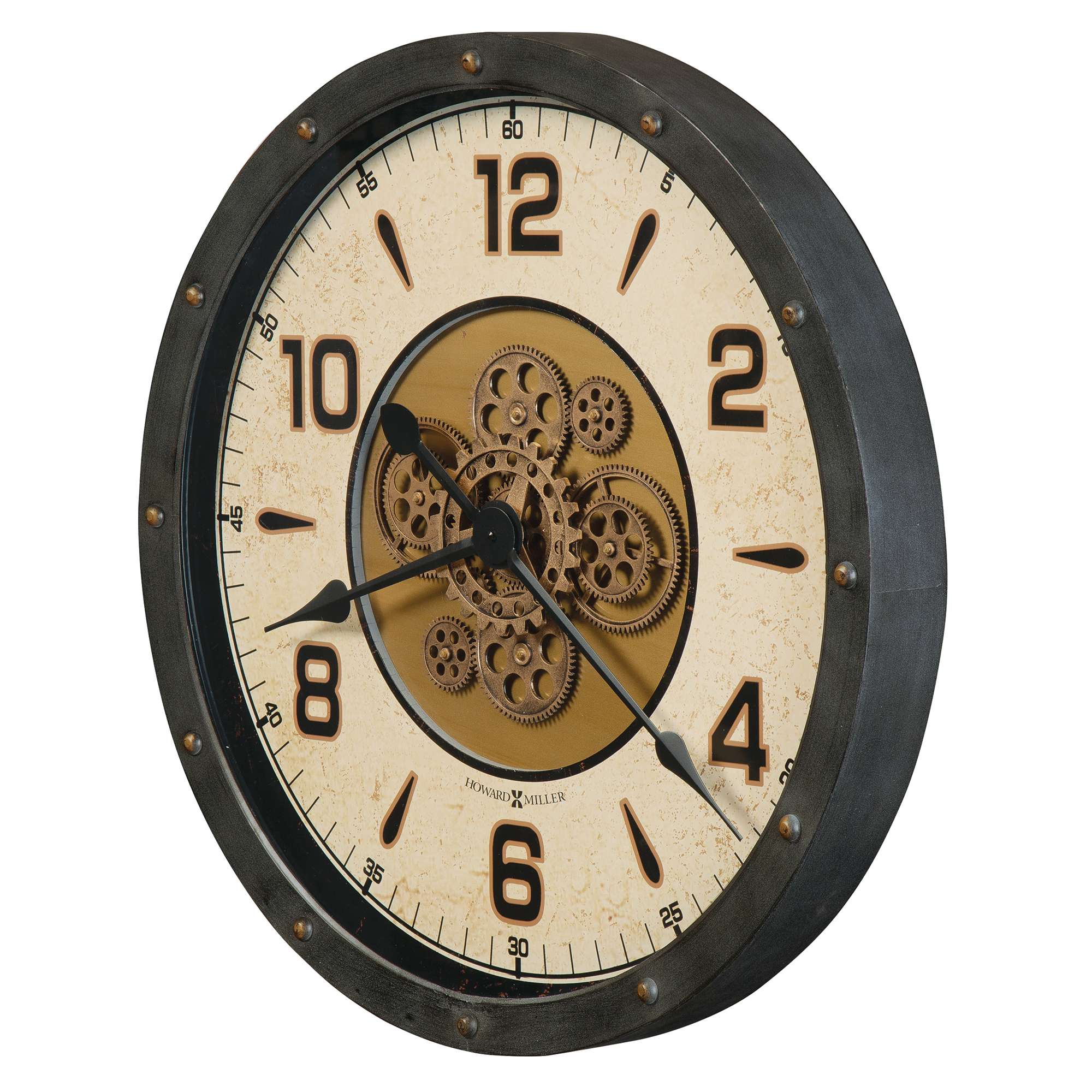 Round vintage wall clock with black frame and gear design on the face.