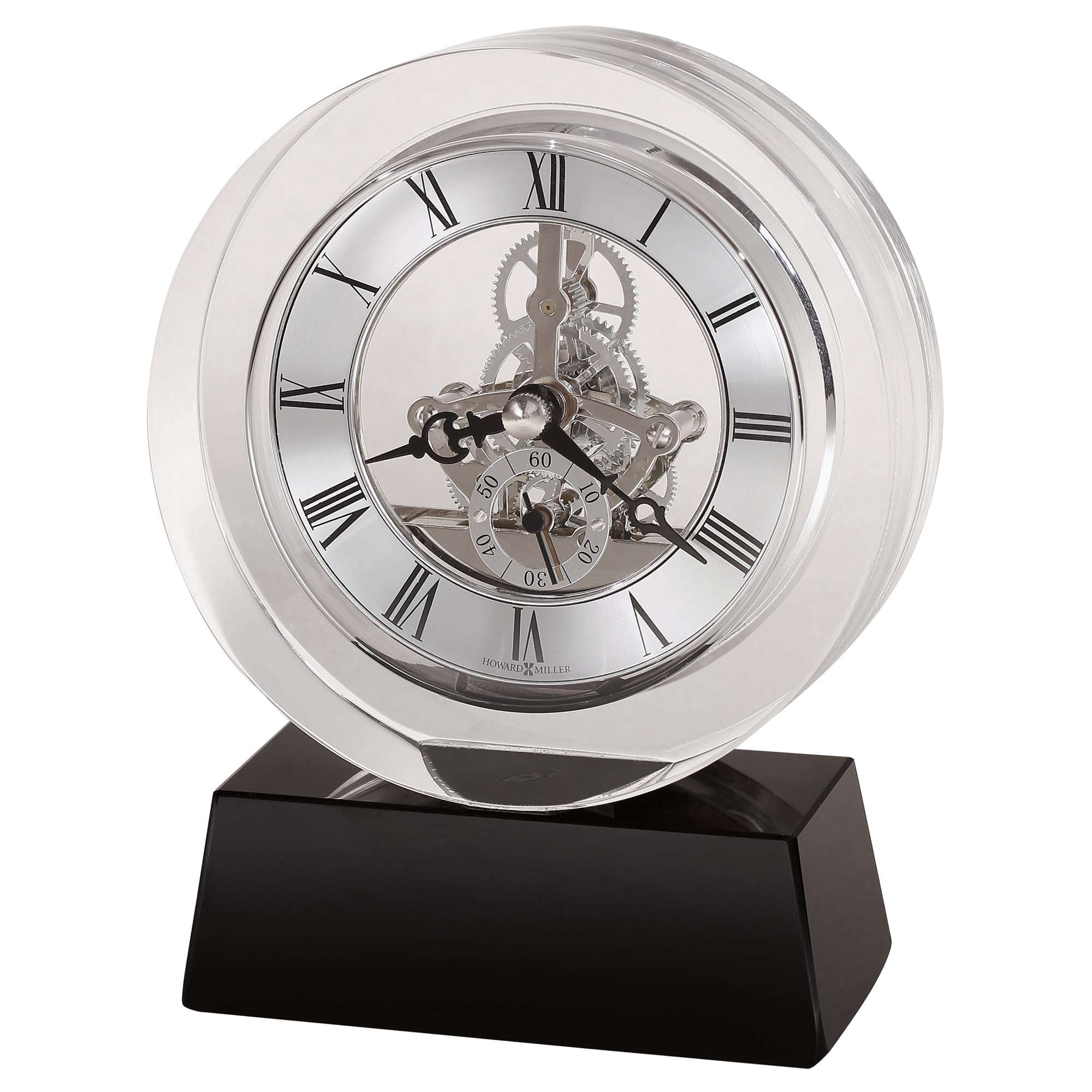 Elegant glass and metal clock with visible mechanical gears