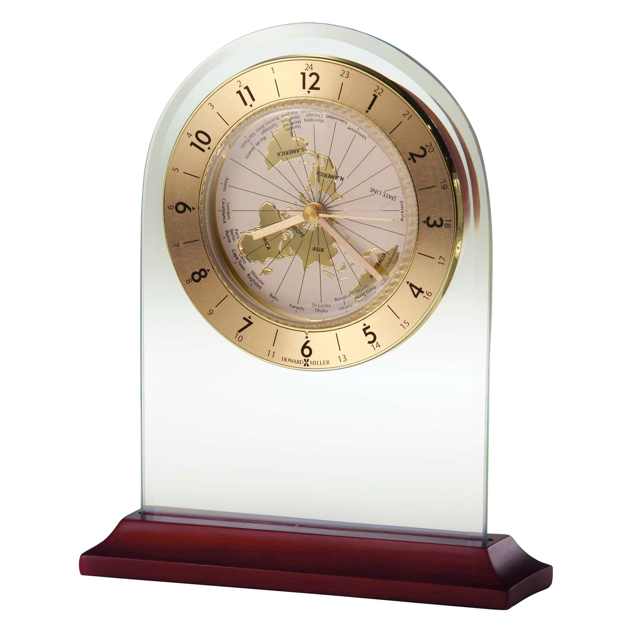 Elegant desk clock with a world map design and a glass arch.