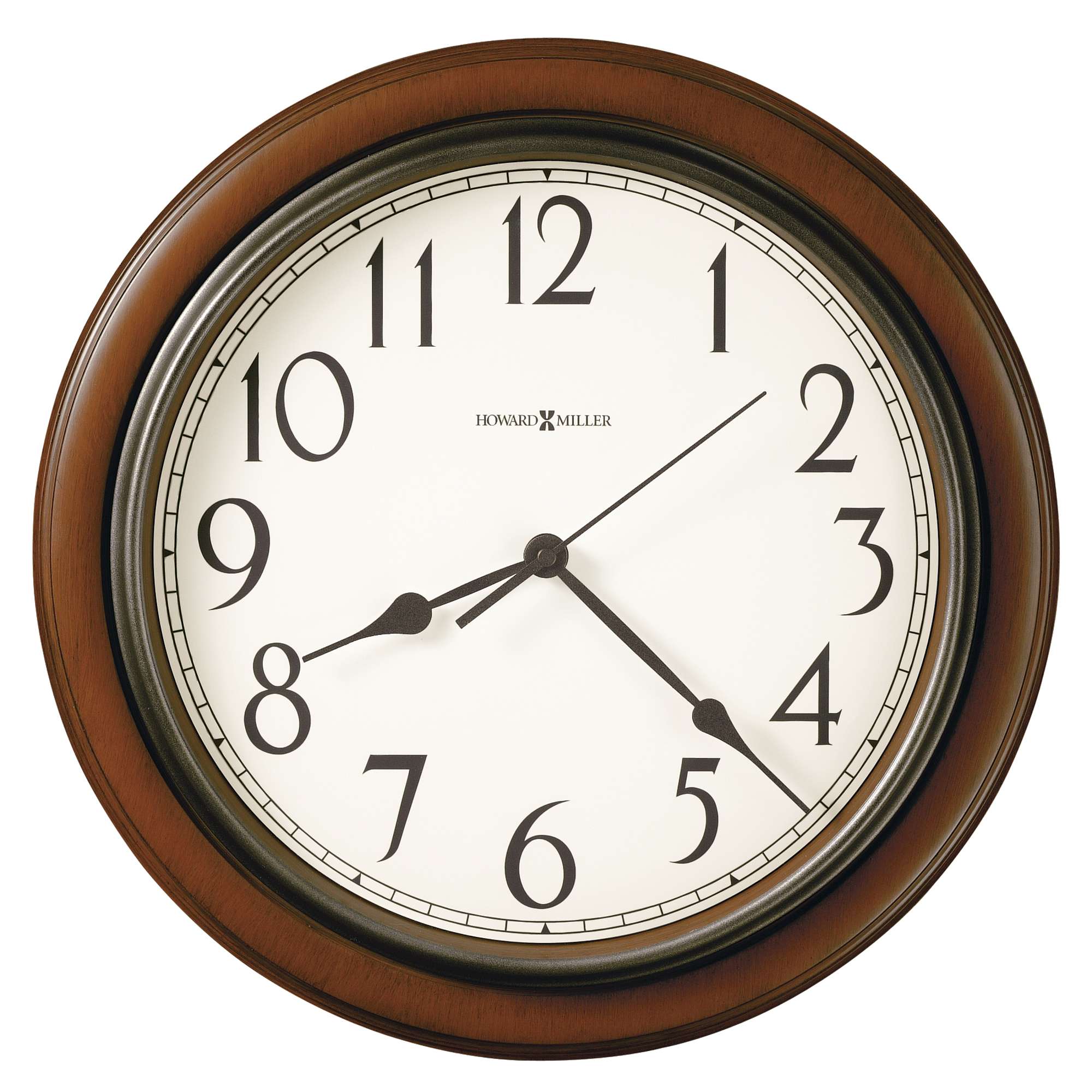 Wall clock with a brown wooden frame and white face displaying numbers from 1 to 12.