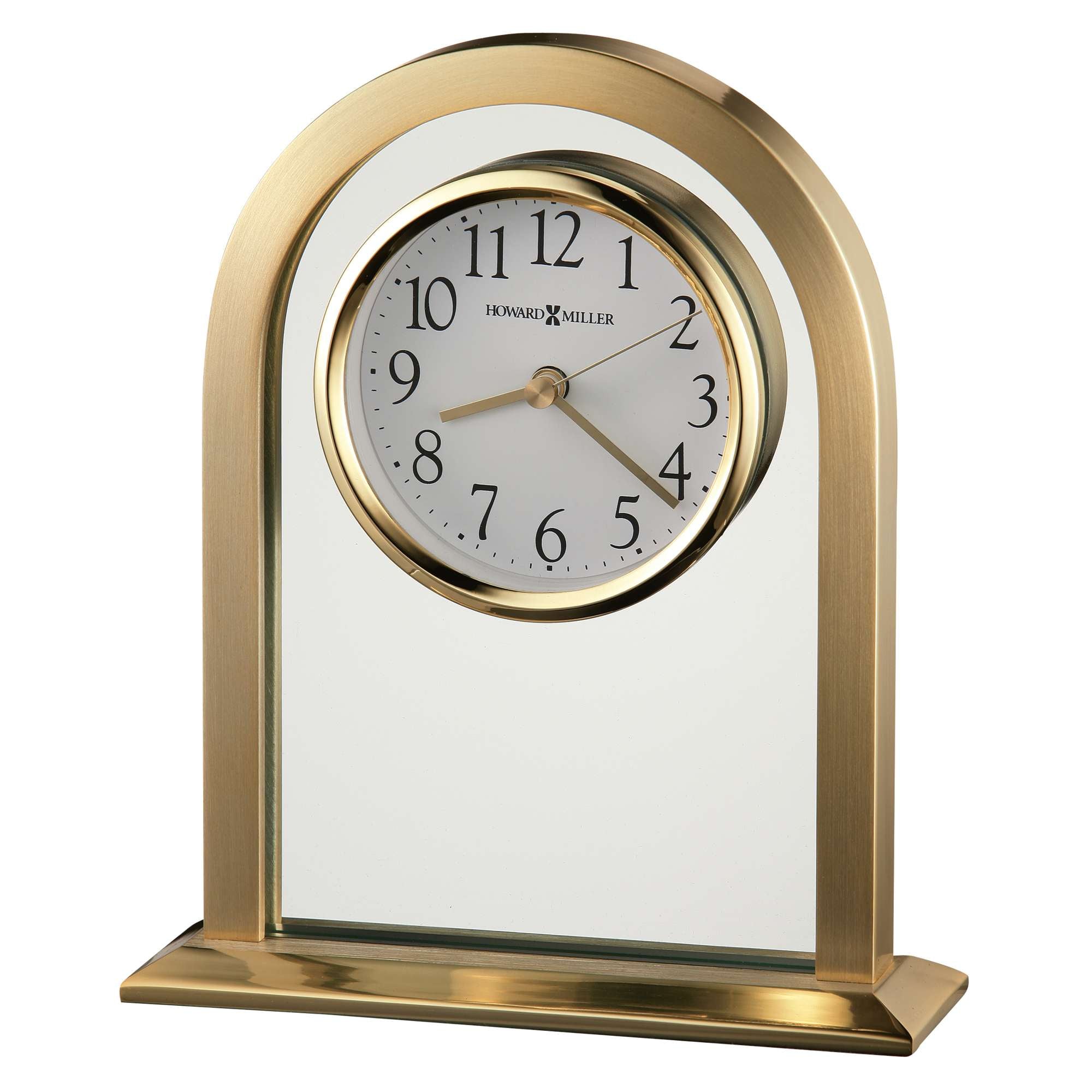 Elegant arch-shaped mantel clock with a gold finish and white face