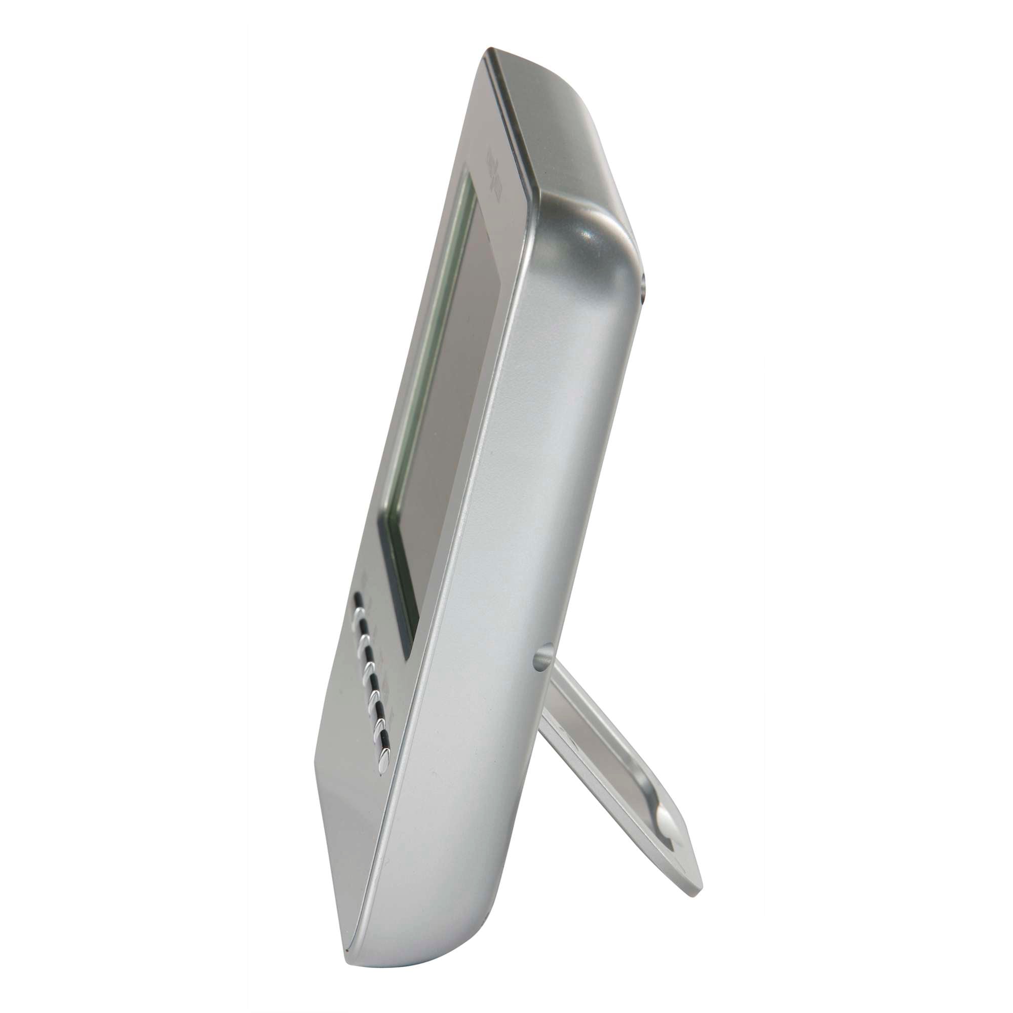 A sleek silver digital weather station viewed from the side.