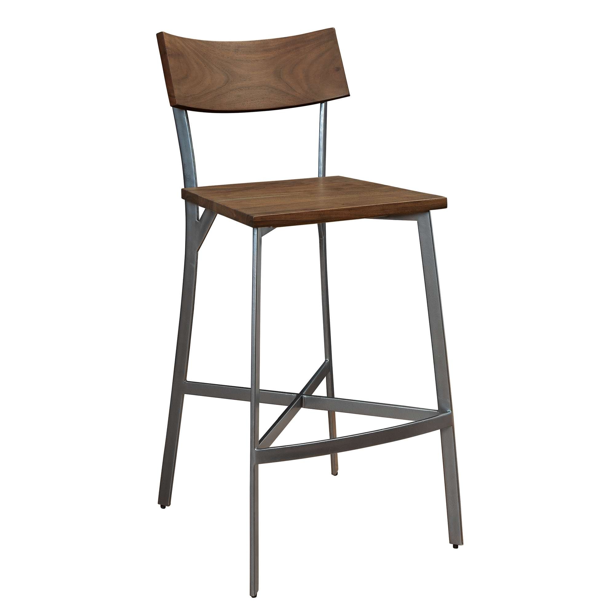 A modern barstool with a wooden seat and a metal frame.