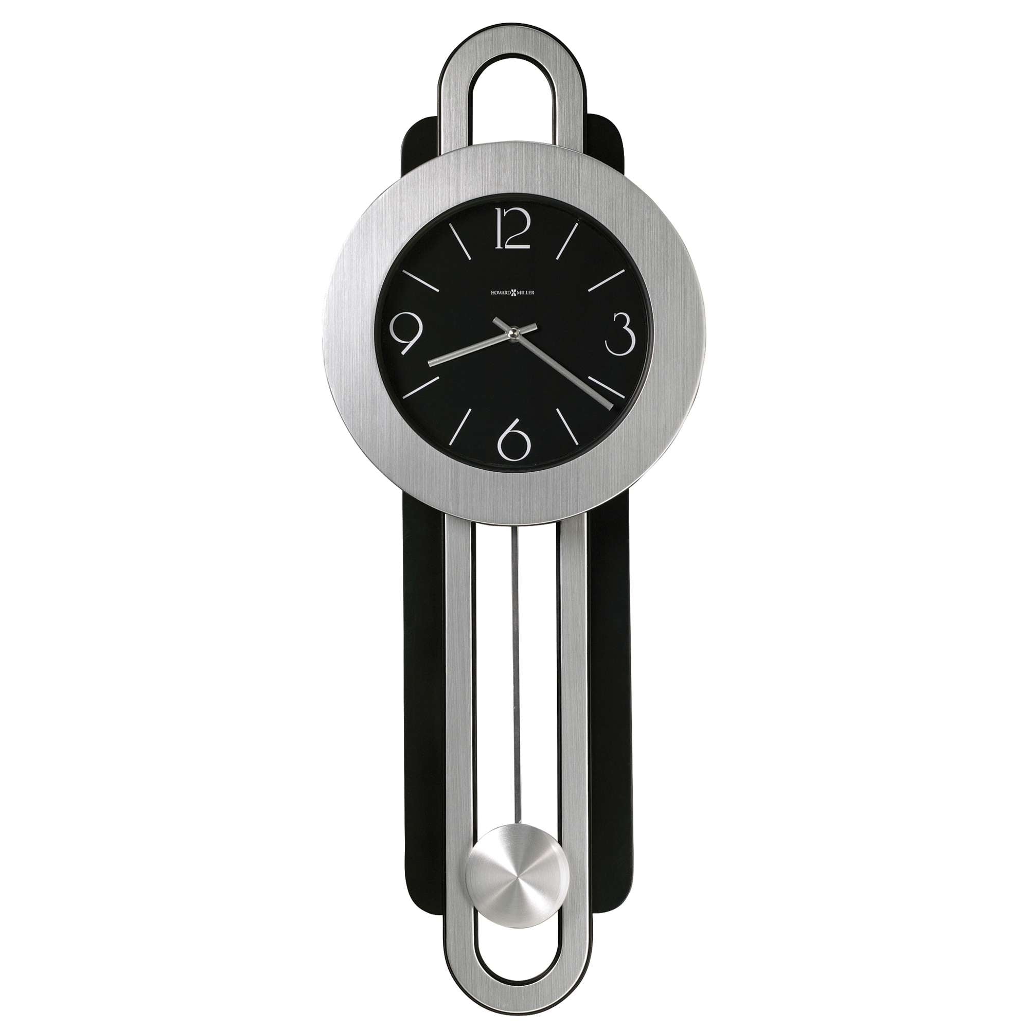 Modern wall clock with a round silver face and black accents.