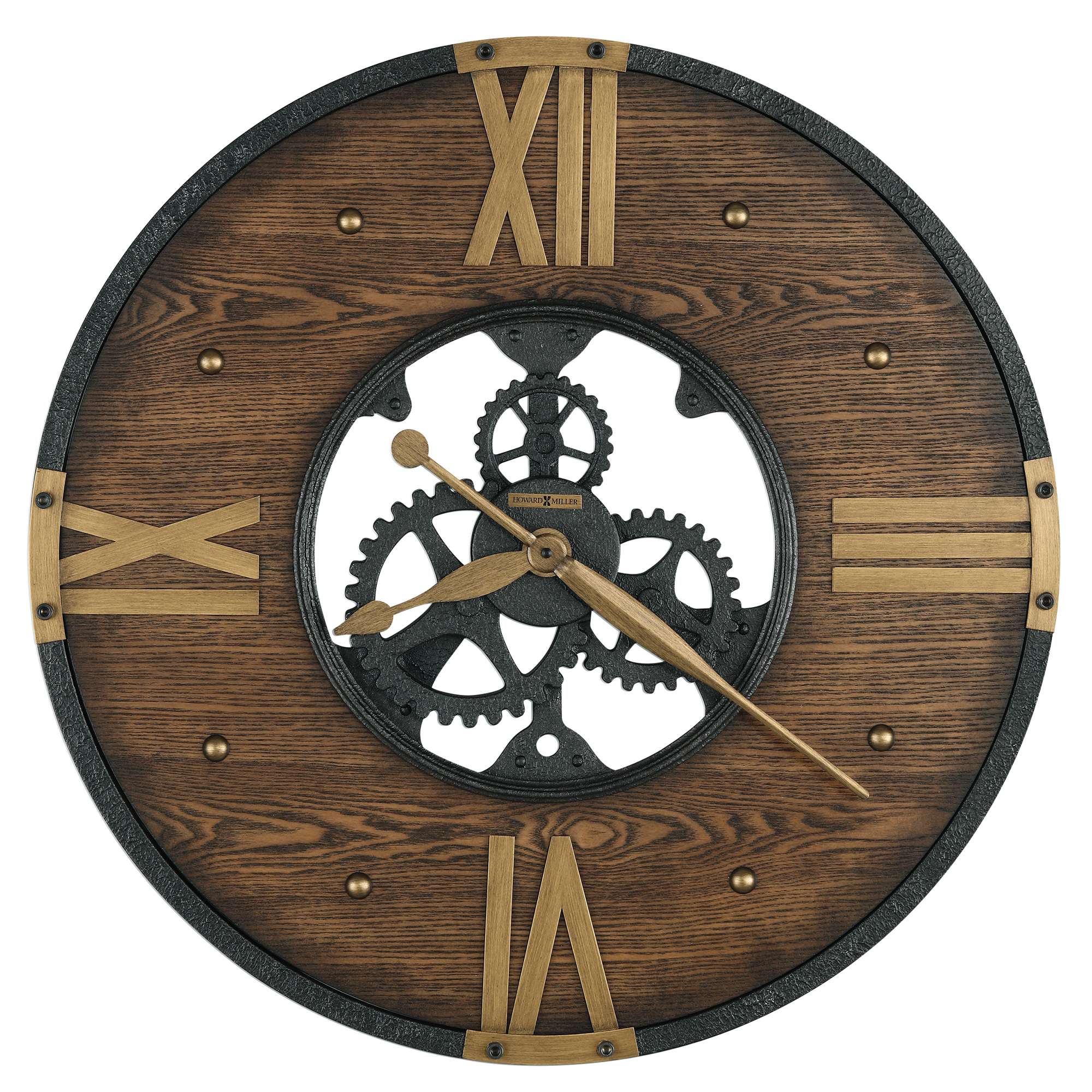 A vintage wooden wall clock with Roman numerals and visible gears.
