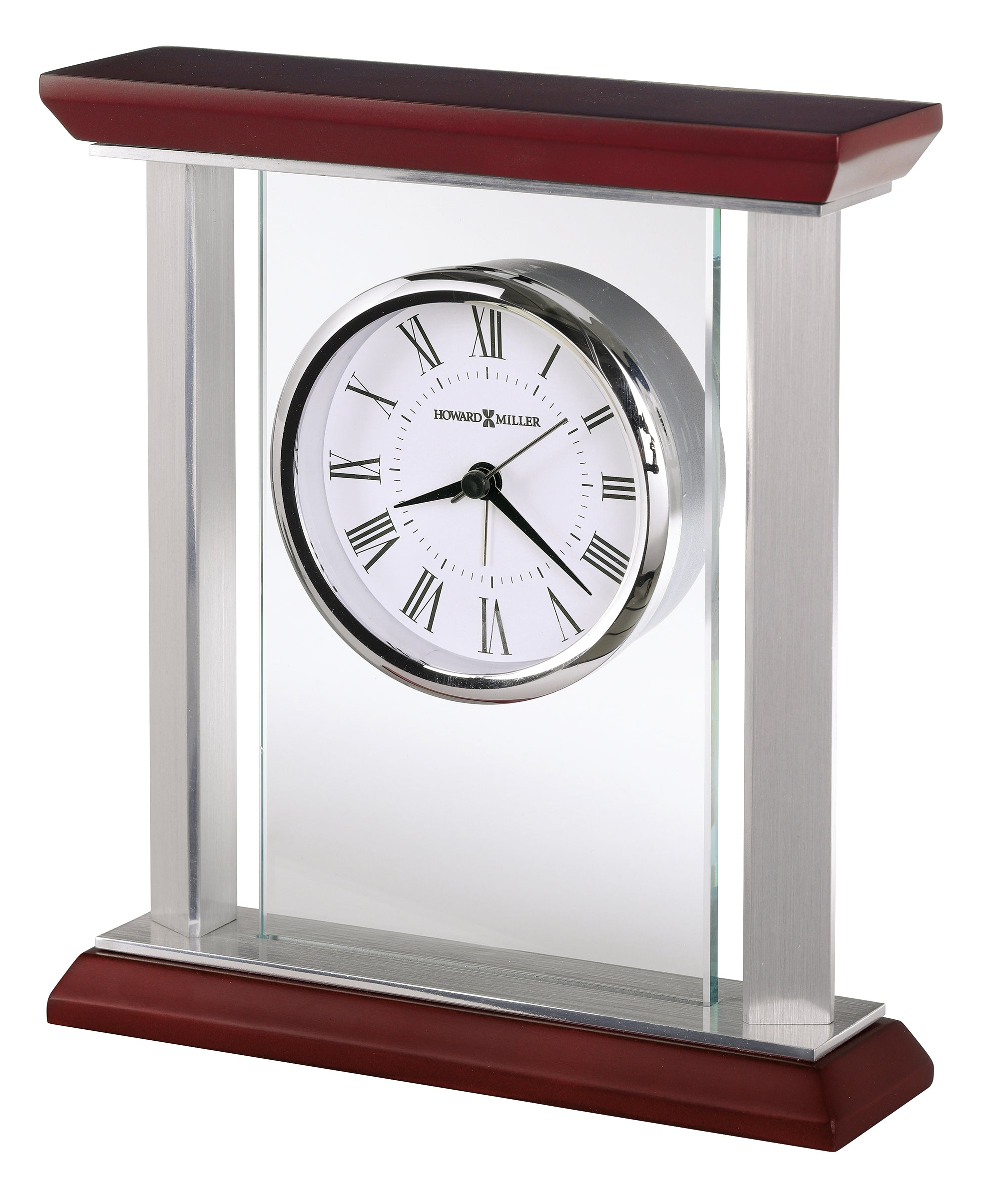 Elegant tabletop clock with a silver frame and wooden base