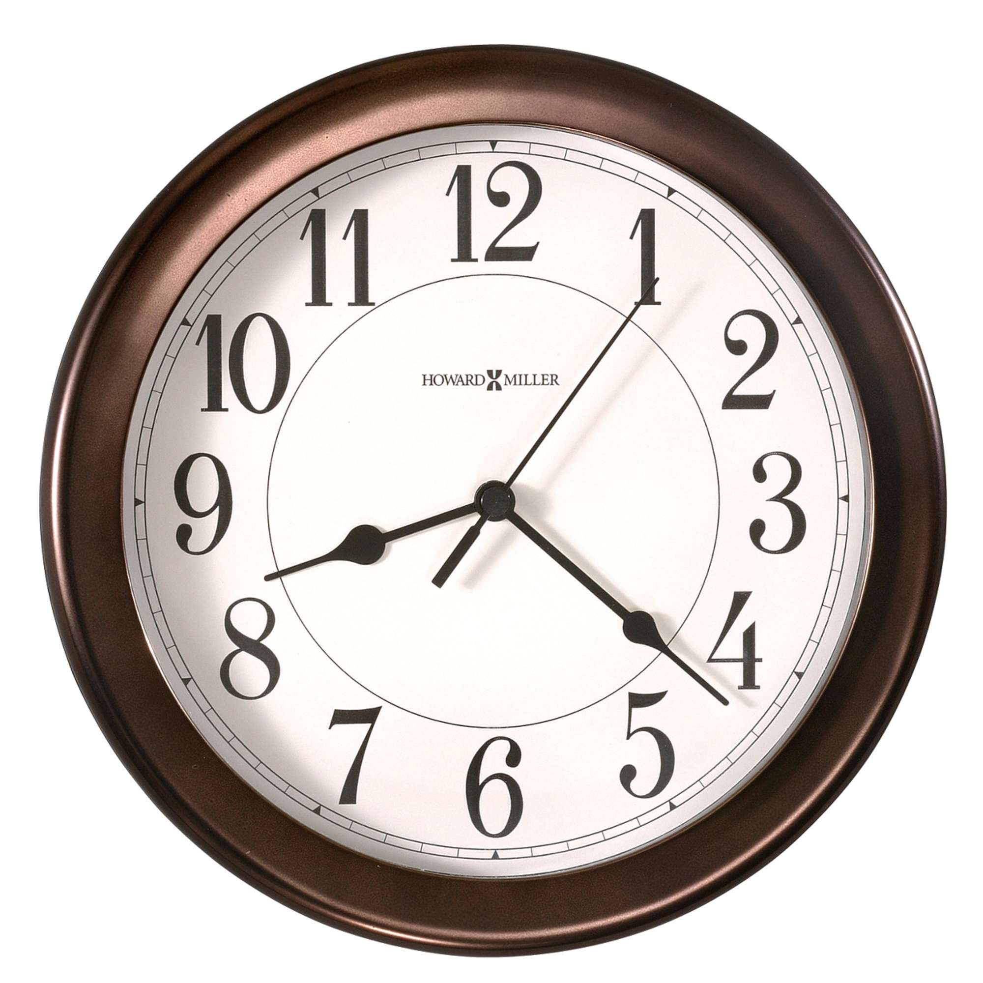 Large wall clock with black numbers and a bronze frame