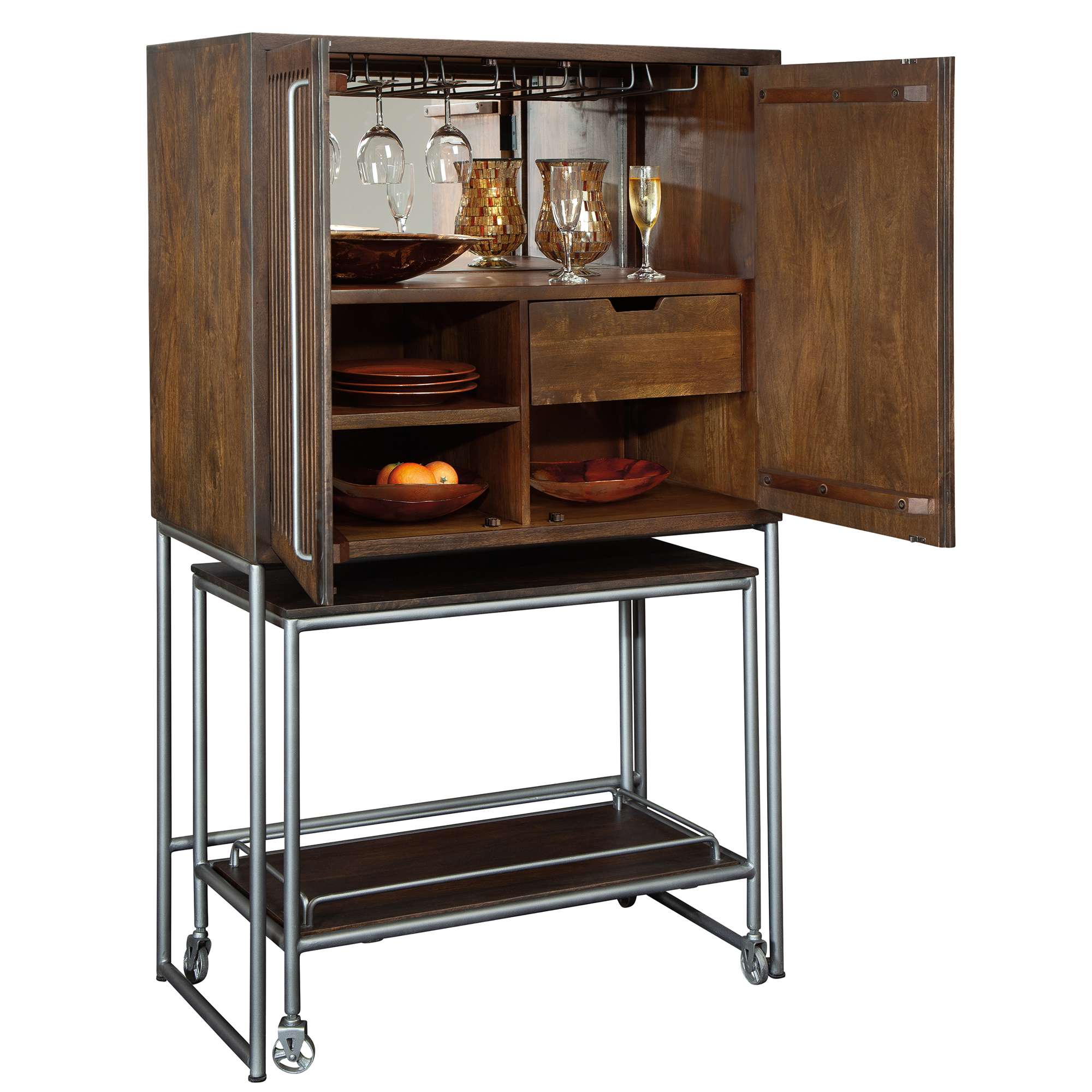 Wooden bar cabinet with an open door, showcasing shelves with glassware and dishes.